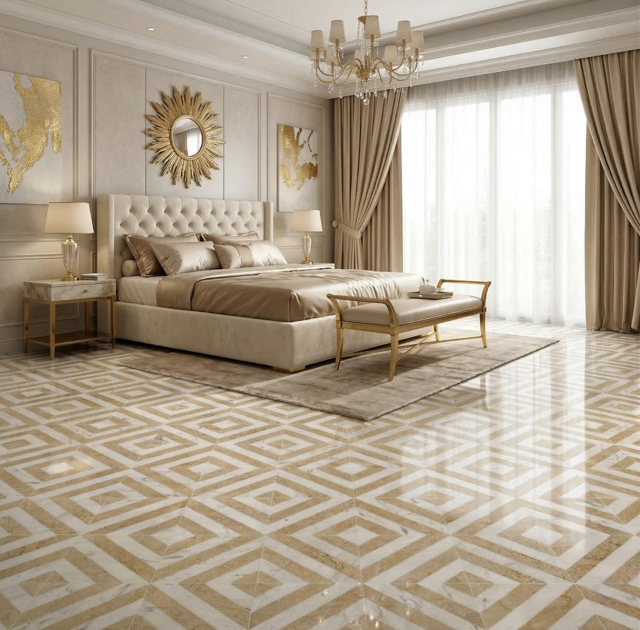 Polished white and gold diagonal stripe natural marble floor tiles laid out in an elegant master bedroom suite.