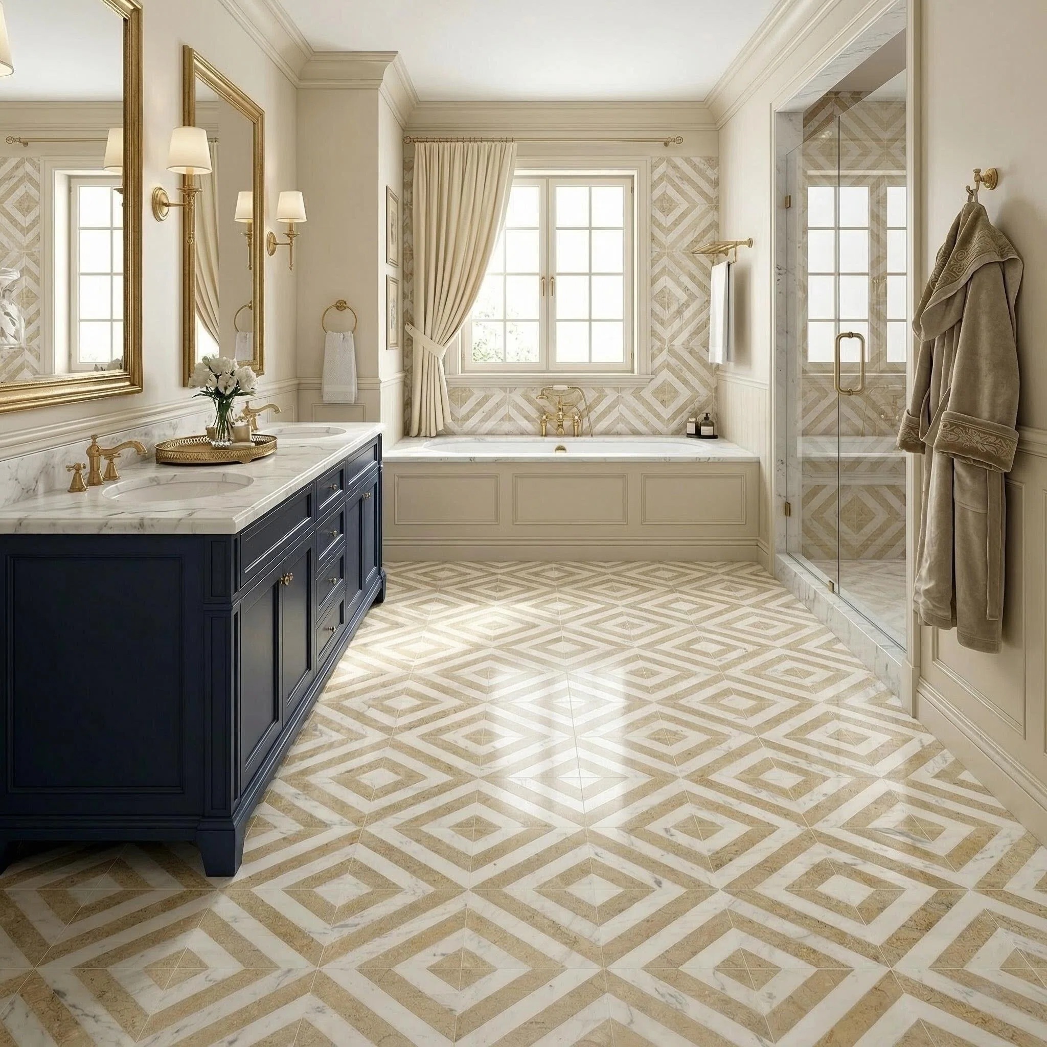 Traditional luxury bathroom with navy blue vanity and polished white and gold waterjet diagonal stripe marble floor tiles.