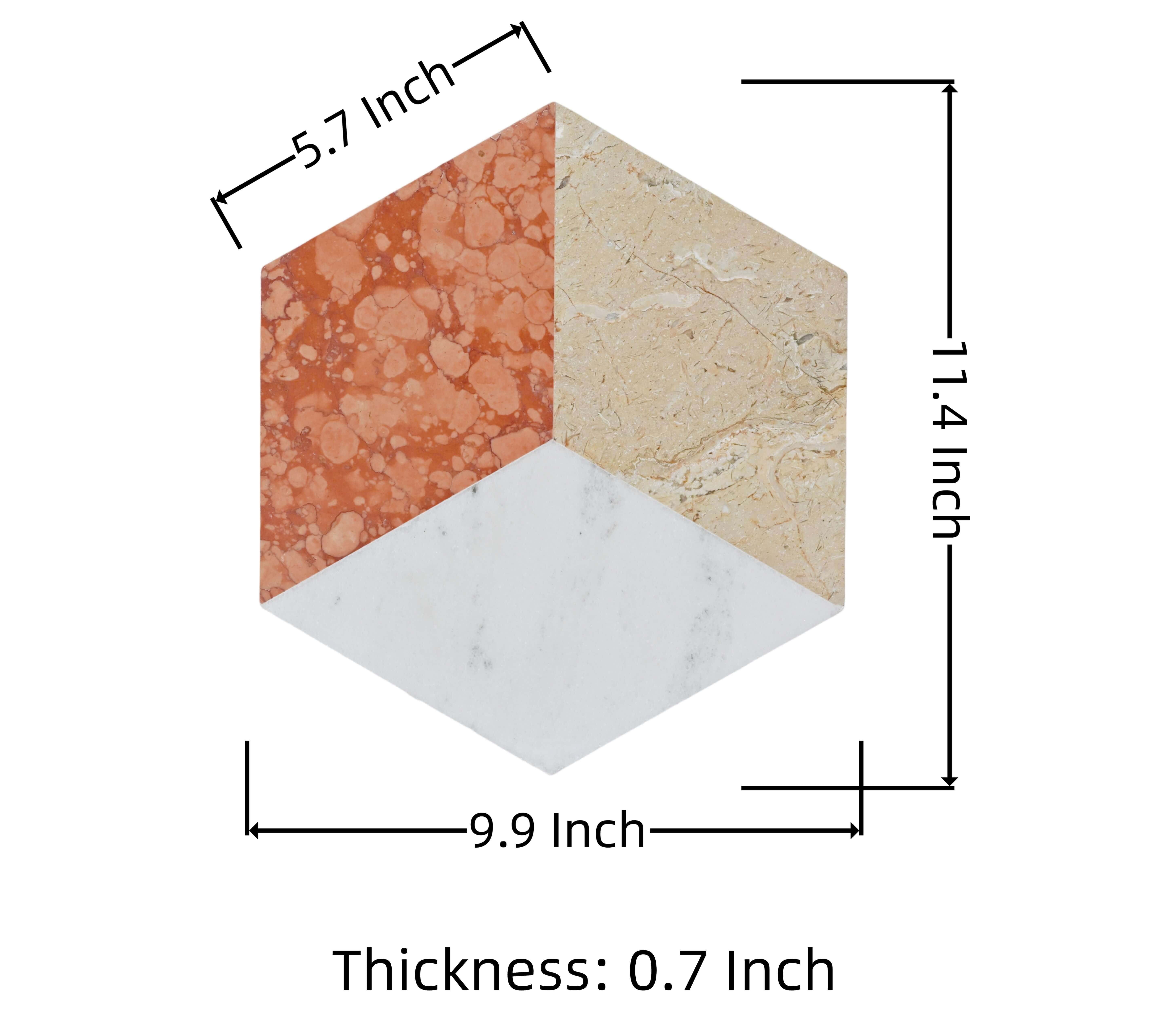 Dimensional diagram for 3D cube hexagon marble tile showing 11.4-inch height, 9.9-inch width, and 0.7-inch thickness.