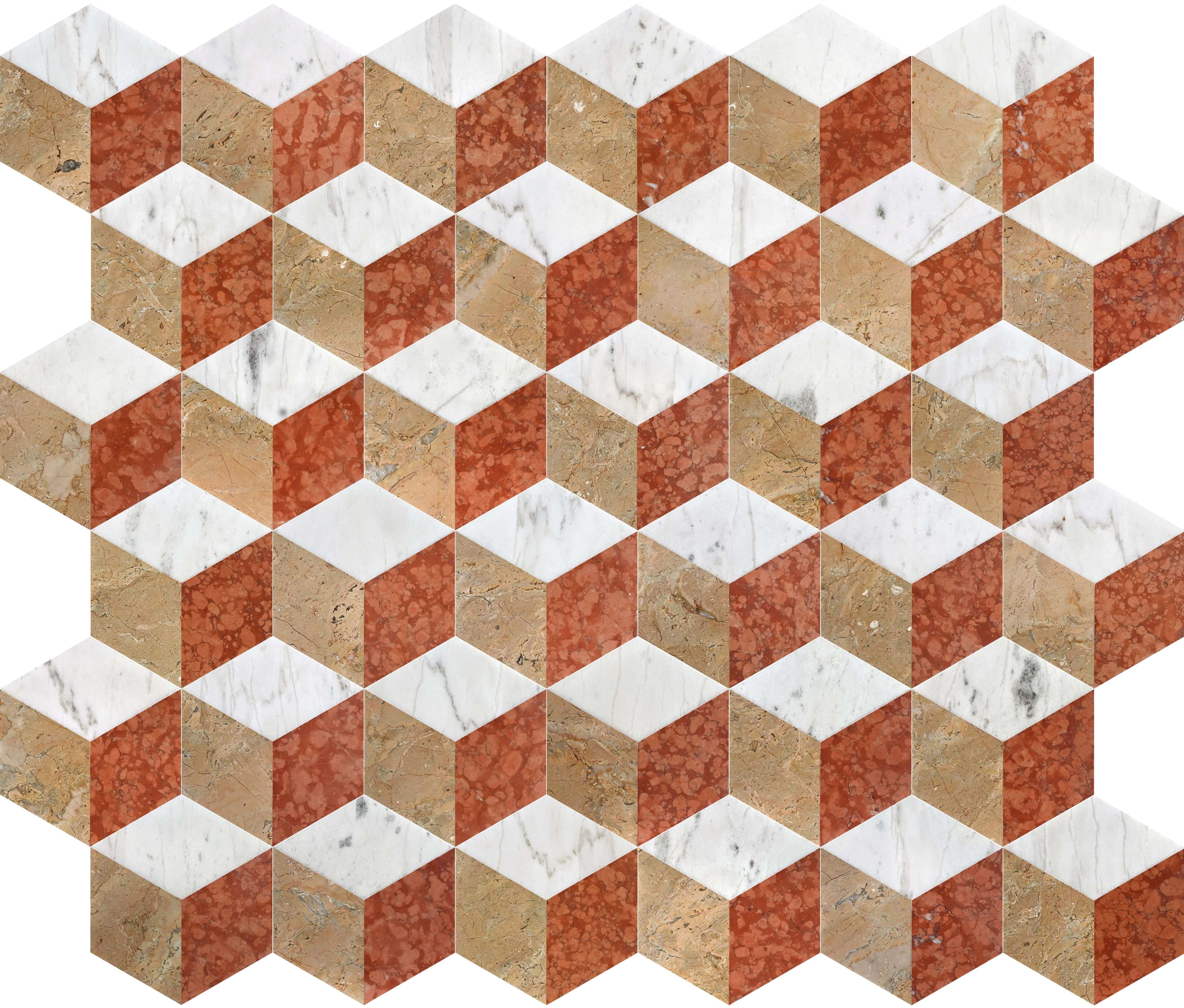 Seamless repeating geometric 3D cube optical illusion pattern formed by white, gold, and red marble waterjet mosaic tiles.