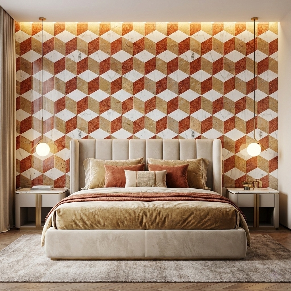 Luxury bedroom feature wall behind headboard crafted from white, gold, and red 3D cube geometric marble tiles.