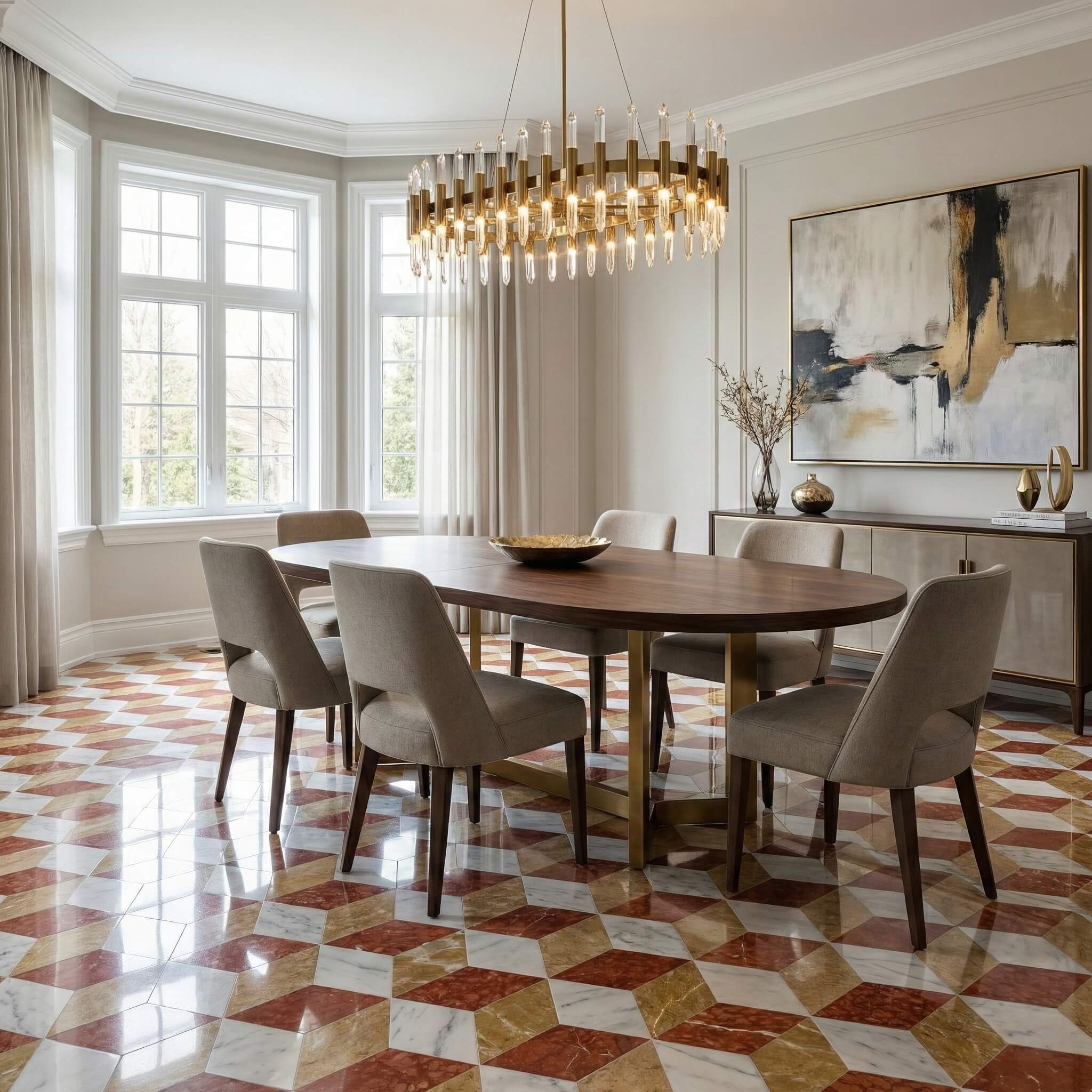 Formal dining room flooring styled with polished red, gold, and white 3D cube optical illusion marble tiles.