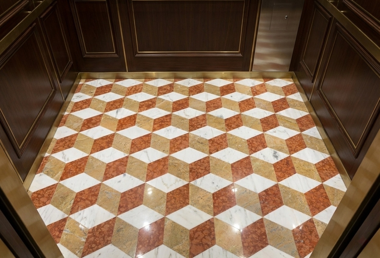 Custom elevator cab floor inlaid with polished 3D cube white, gold, and red marble waterjet mosaic tile.