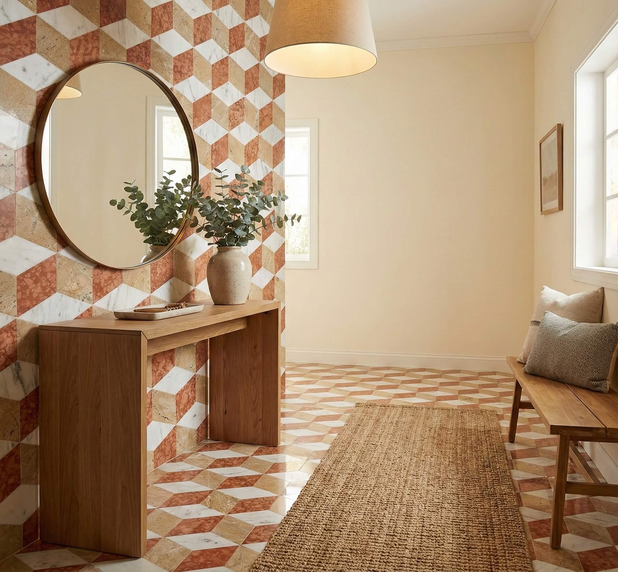 Full-height accent wall and floor featuring red, gold, and white 3D cube hexagon marble mosaic tiles in entryway.