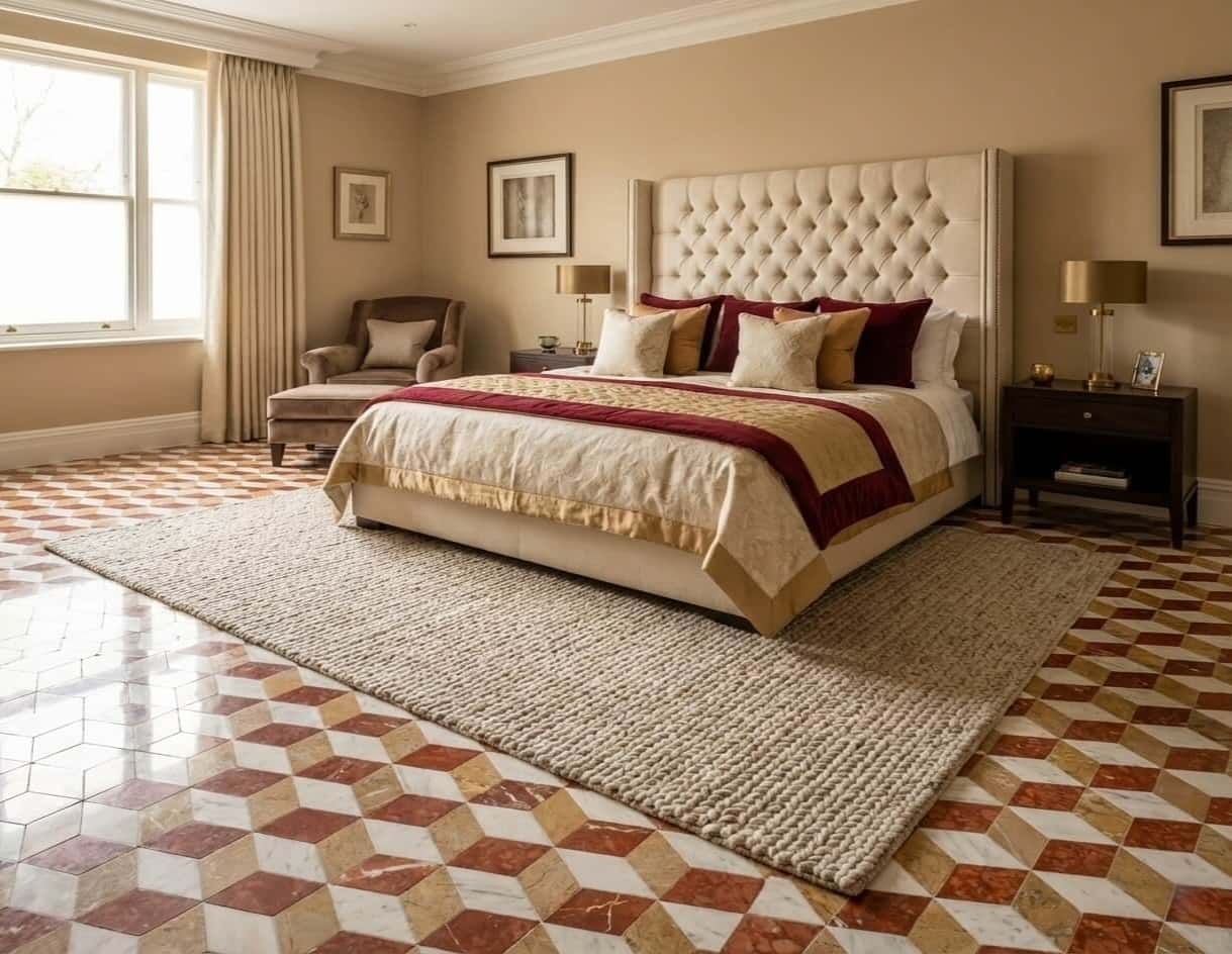 Polished 3D cube hexagon white, gold, and red marble mosaic floor tiles laid beneath rug in master bedroom.