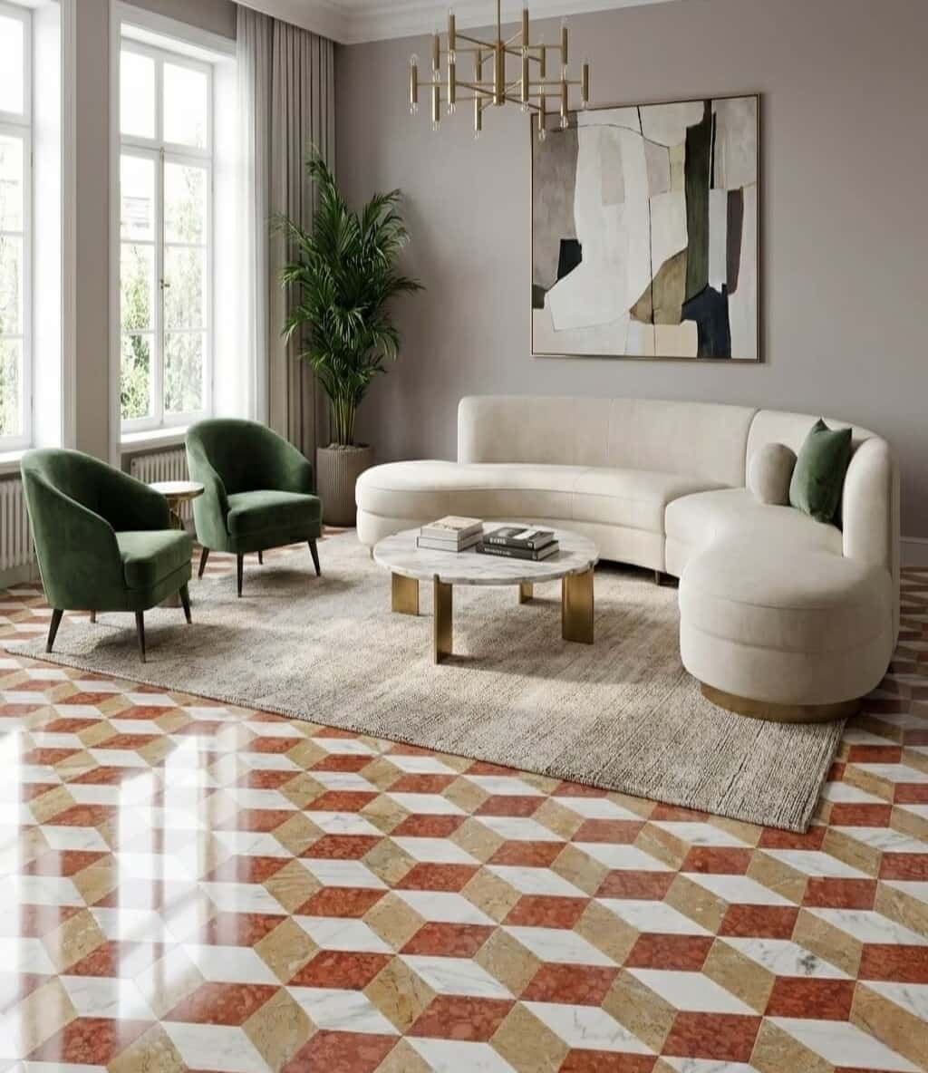 Modern living room styled with beige sectional sofa and 3D cube optical illusion white, red, and gold marble floor.