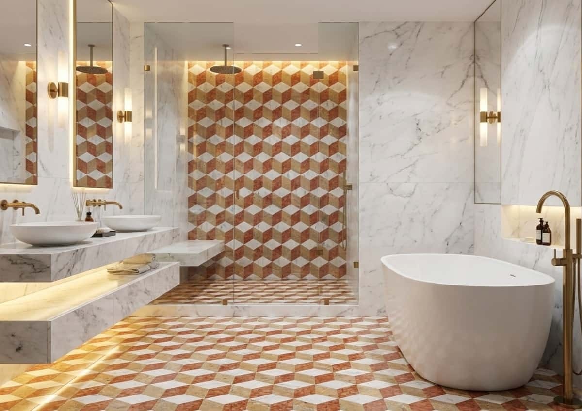 Luxury bathroom walk-in shower accent wall and floor featuring polished 3D cube white, red, and gold marble tile.