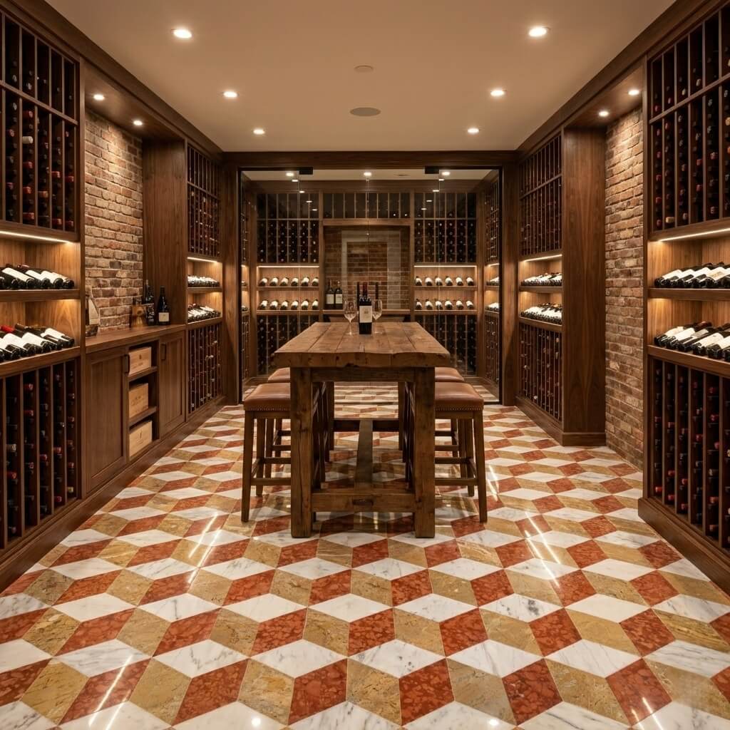 Custom luxury wine cellar tasting room flooring paved with 3D cube red, white, and gold waterjet marble mosaic tile.