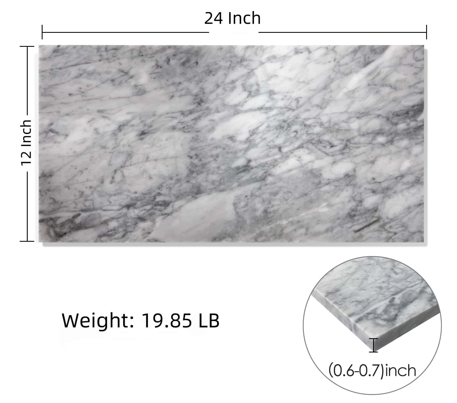 12x24 Carrara Gray polished marble tile dimensional diagram showing 18mm thickness, 19.85 lb weight, and 12 by 24 inch size.