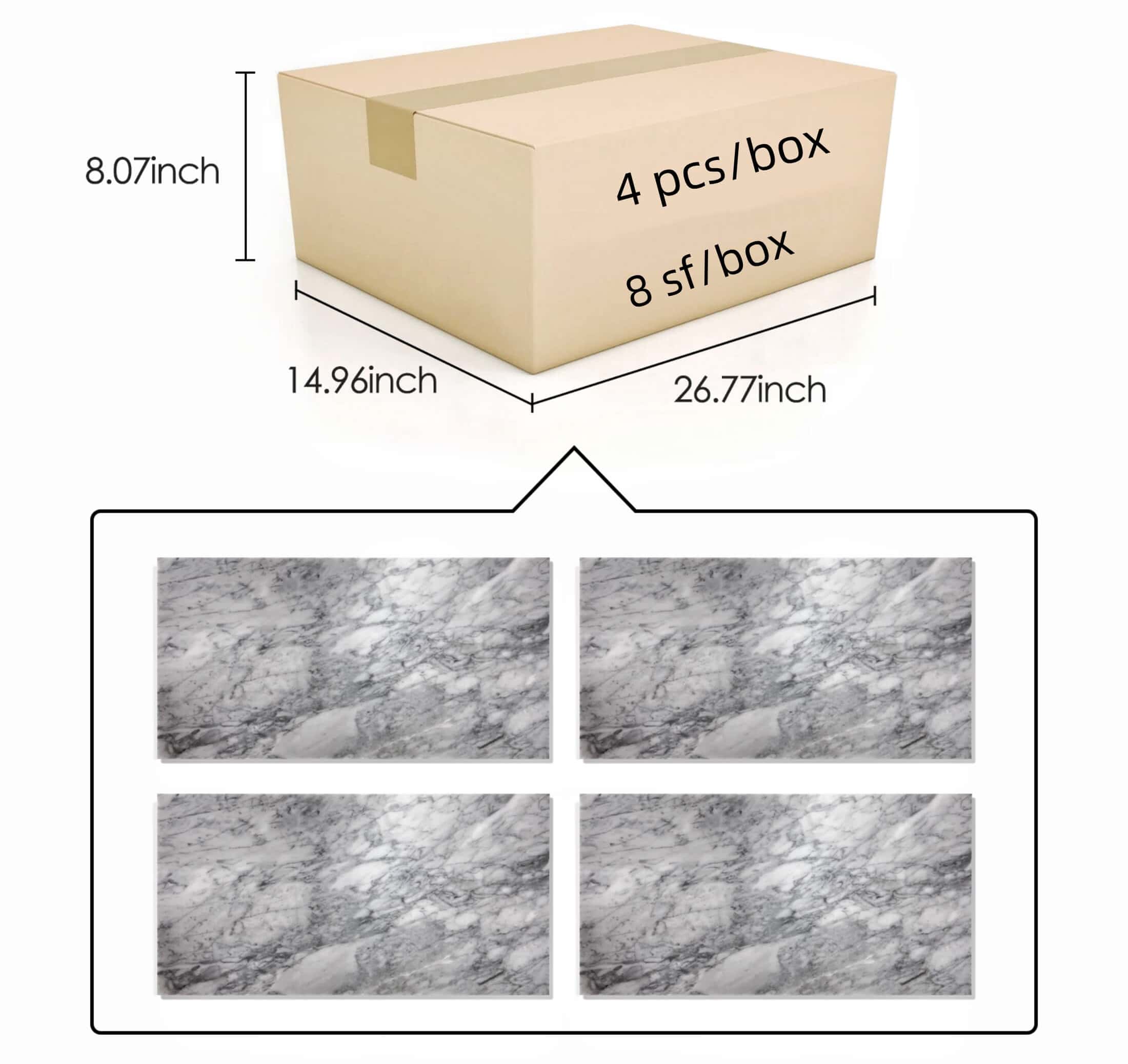 Cardboard box packaging diagram for 12x24 Carrara Gray polished marble tiles holding 4 pieces covering 8 square feet.
