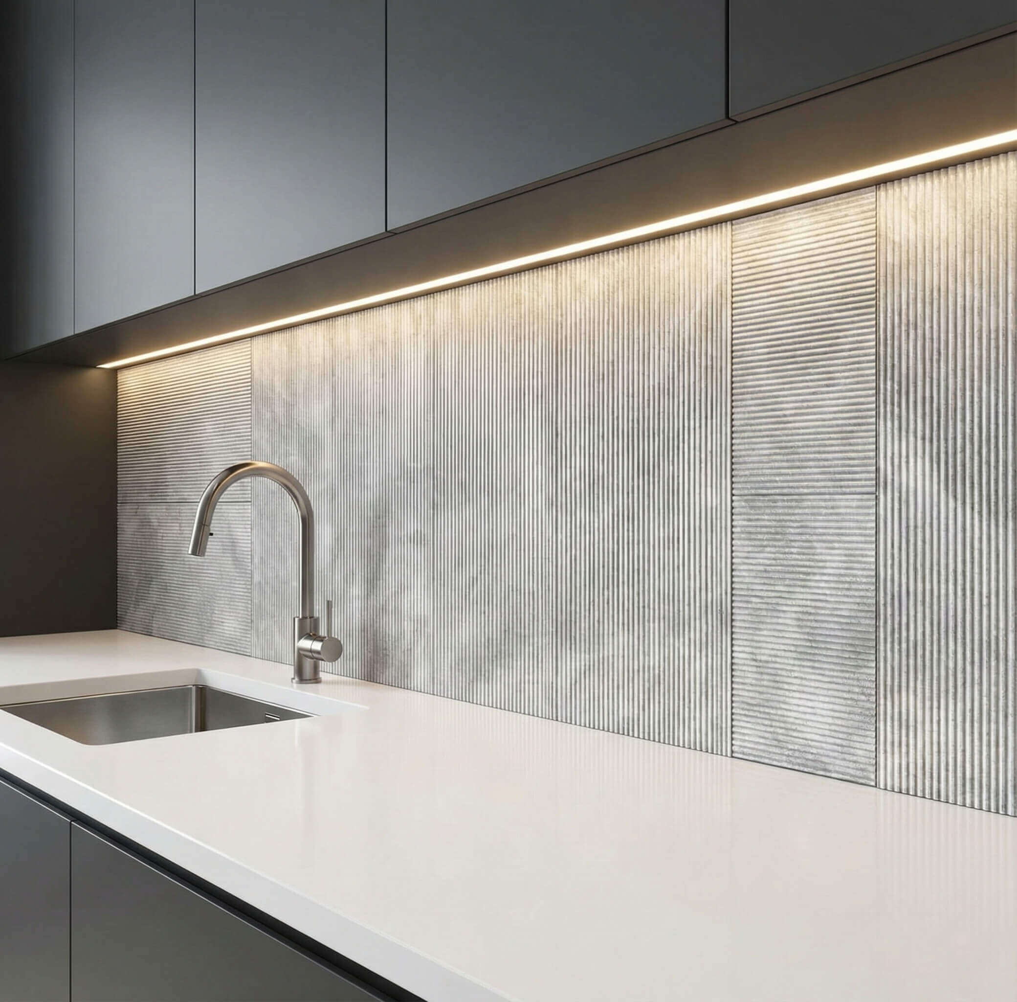 Custom cut 12x24 Carrara gray fluted marble tiles installed in a modern kitchen backsplash with under-cabinet lighting.
