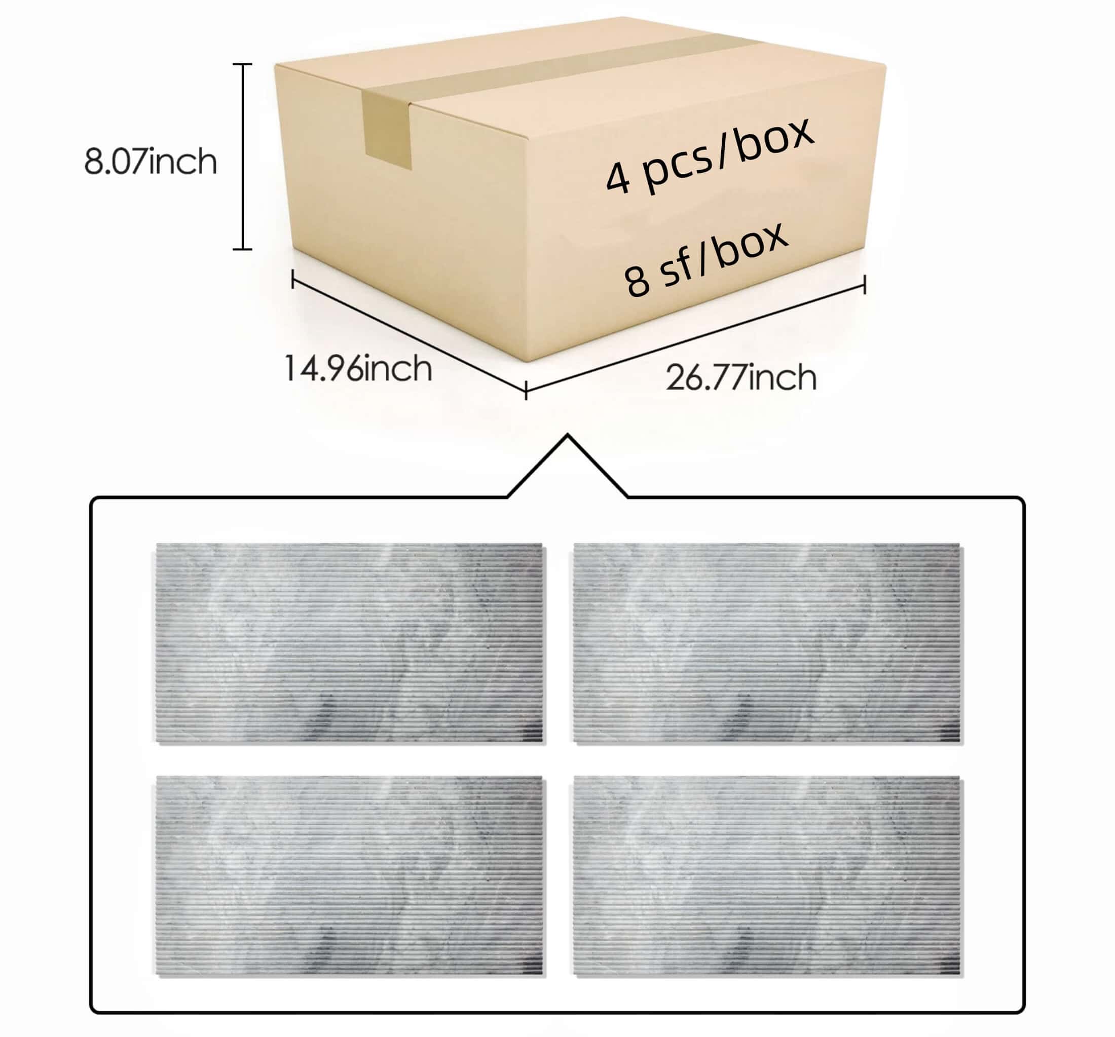 Product packaging info graphic for the fluted marble tiles, detailing 4 pieces and 8 square feet per box contents.