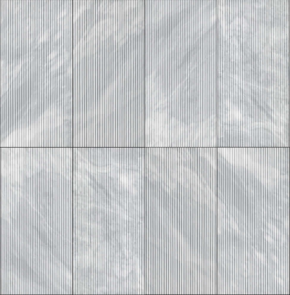 Rendered eight-tile layout demonstrating a seamless installation pattern with continuous horizontal fluted textured lines.