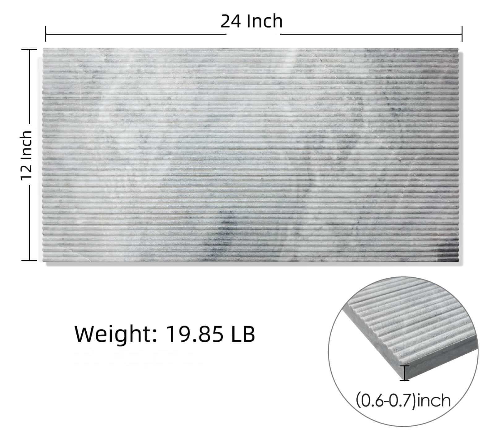 Diagram showing 12x24 dimensions, 19.85 LB weight, and 0.6-0.7 inch thickness of the fluted marble tile edge.