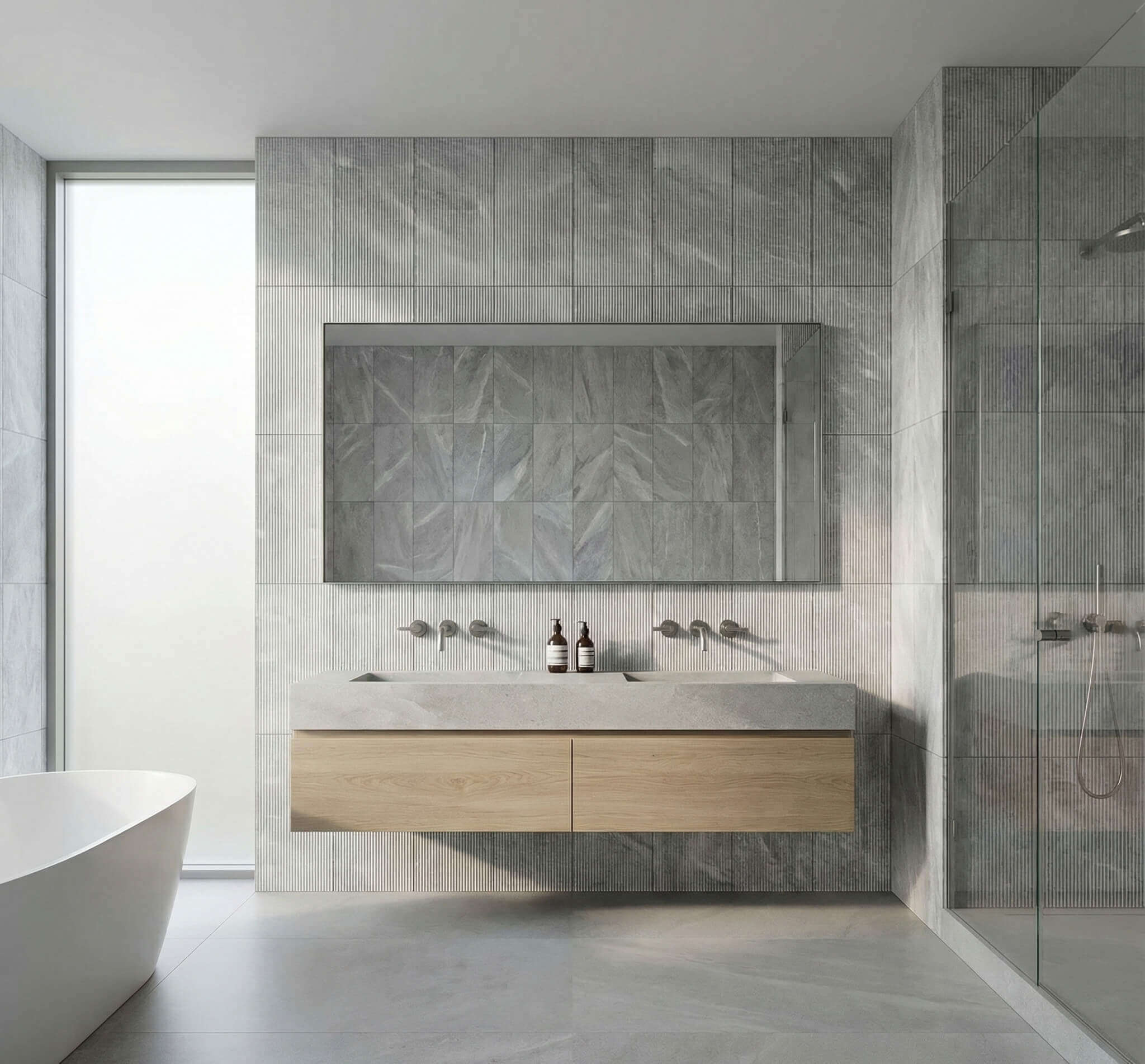 Floating double vanity set against a full feature wall of 12x24 Carrara gray fluted marble tiles in a luxury bathroom.