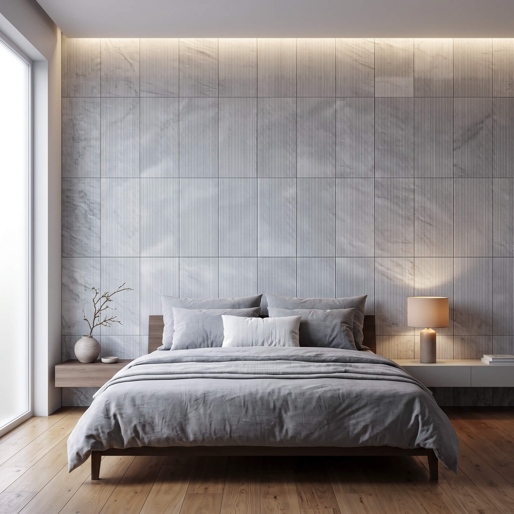 Low platform bed positioned before a floor-to-ceiling 12x24 Carrara gray fluted marble tile headboard accent wall.