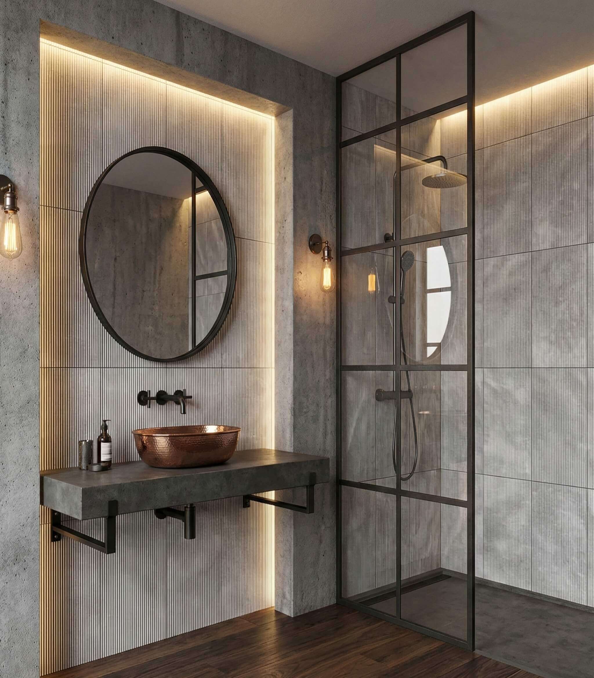 Copper vessel sink on concrete vanity with warm backlighting against 12x24 fluted Carrara gray marble accent tile wall.