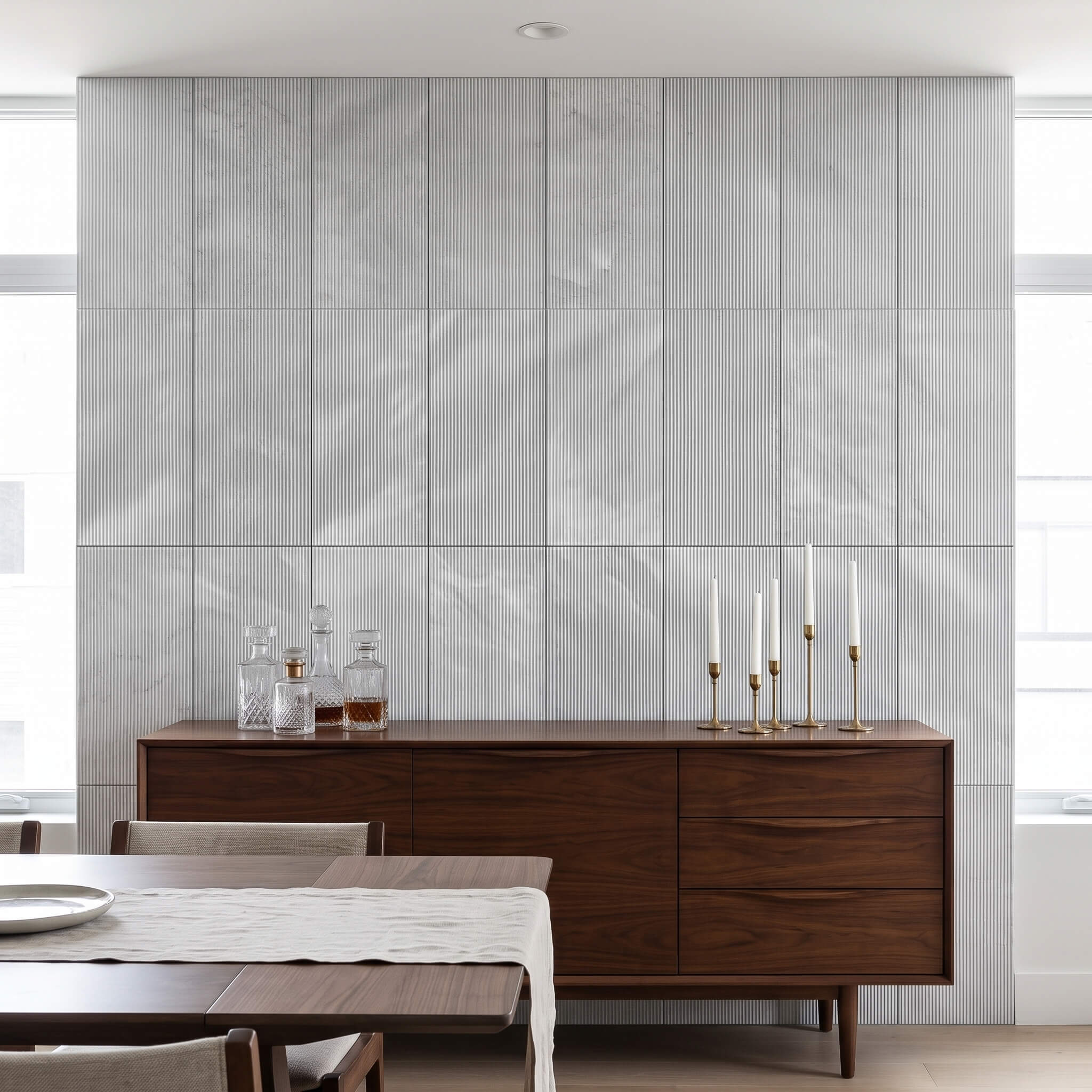 Wooden dining credenza with brass candlesticks positioned in front of a 12x24 Carrara gray fluted marble tile wall.