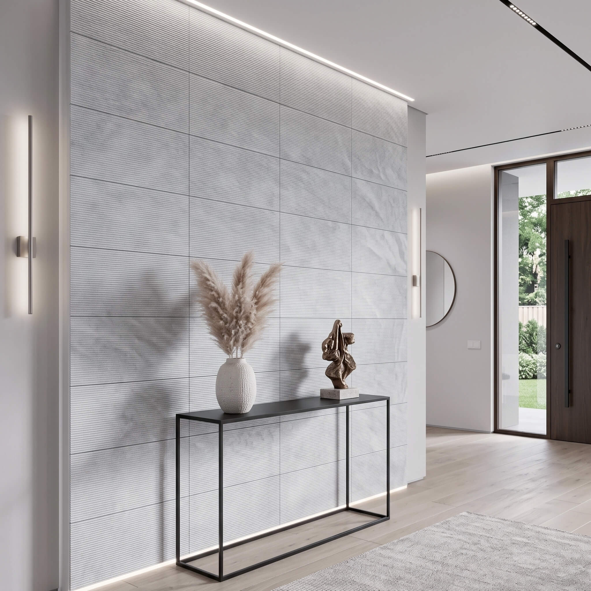 Modern hallway partition wall featuring 12x24 Carrara gray fluted marble tiles with top and bottom LED strip lighting.