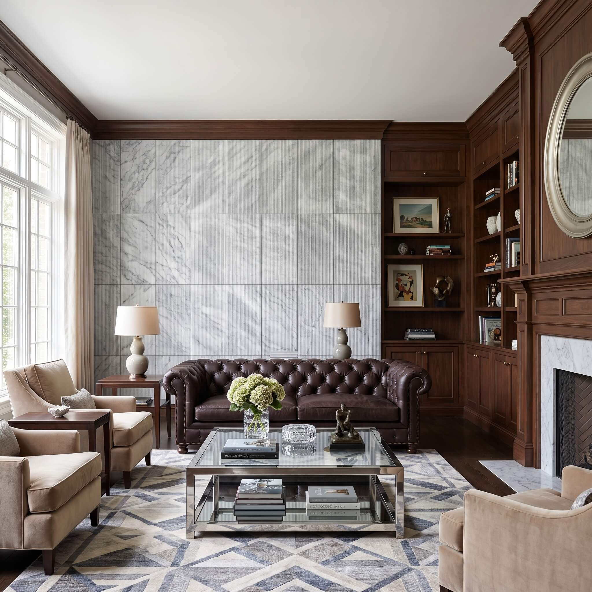 Brown leather Chesterfield sofa set against a 12x24 Carrara gray fluted marble tile wall framed by wood millwork.