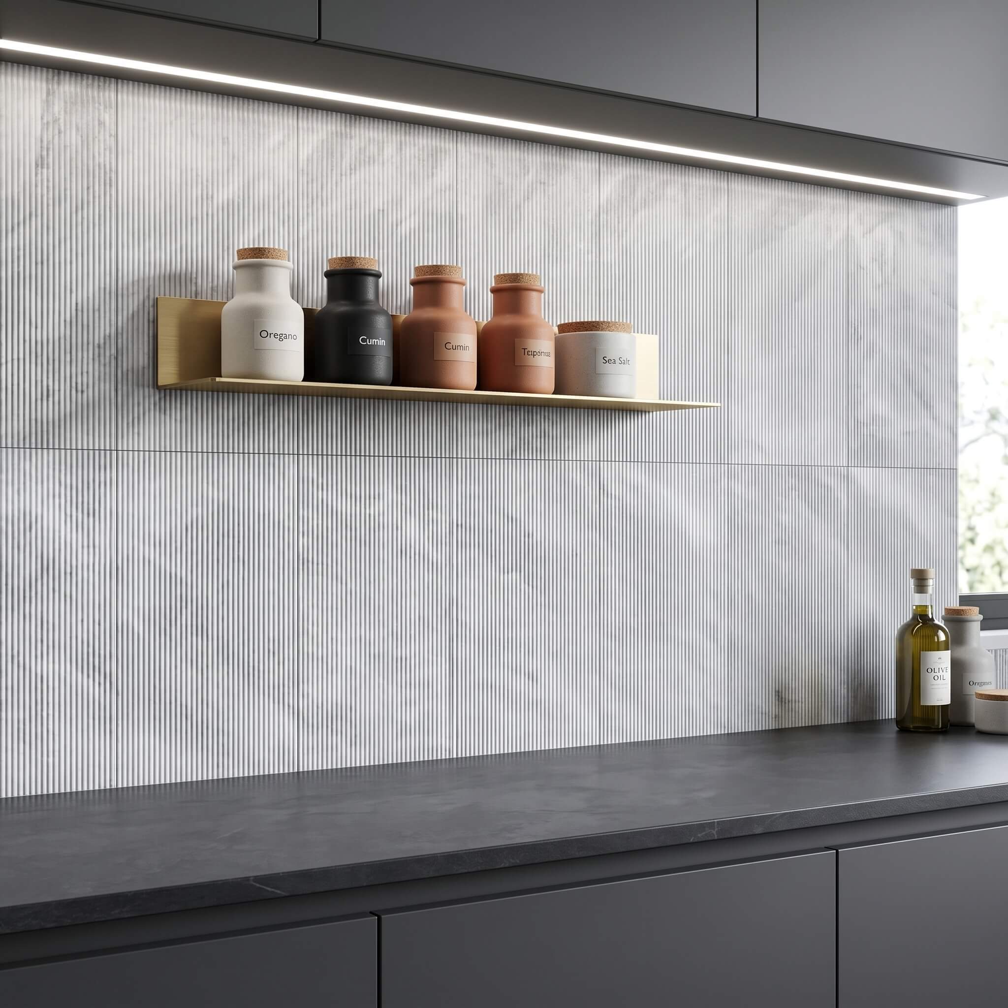 Close-up shot of 12x24 fluted Carrara gray marble wall tiles with under-cabinet lighting and modern decor.