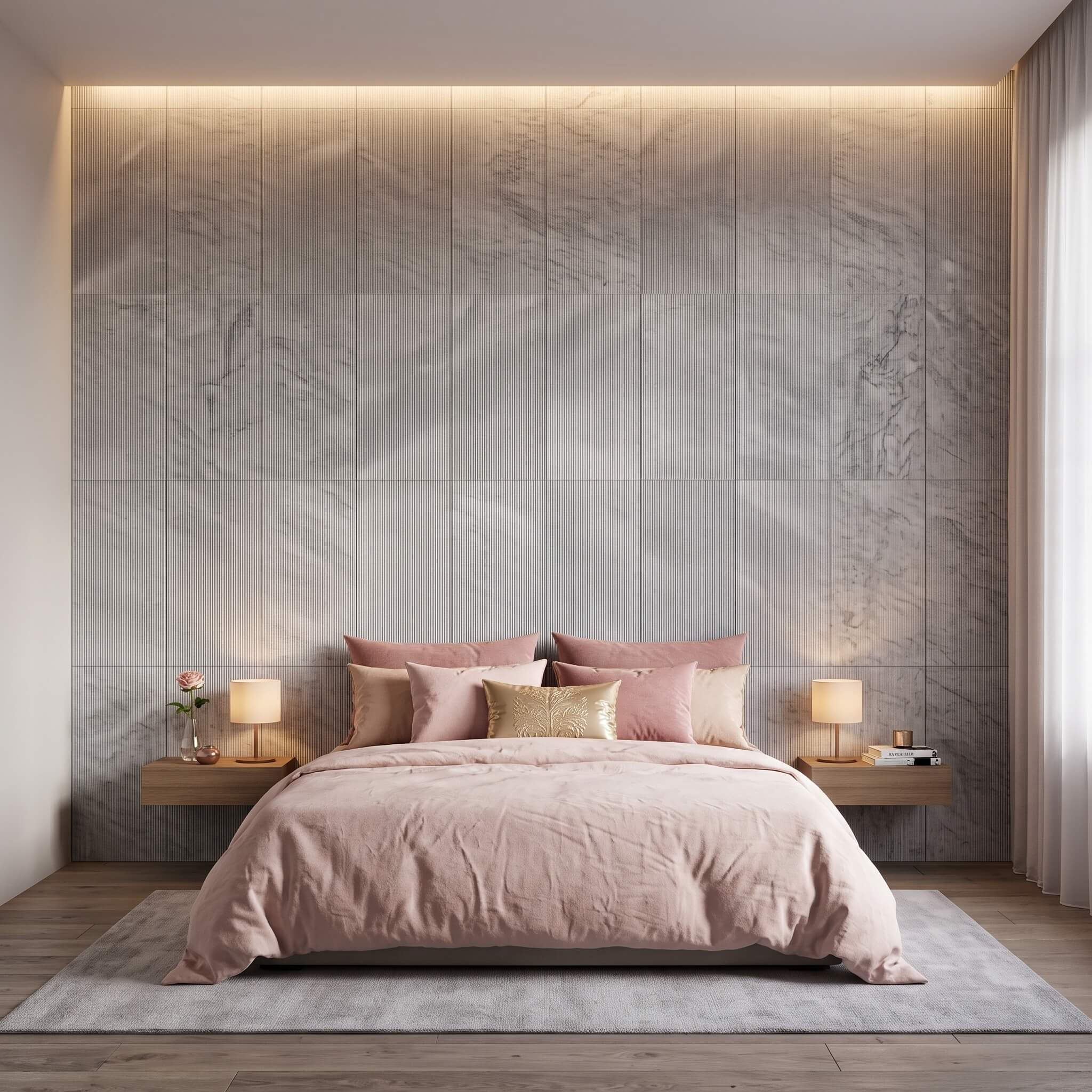 A luxury bedroom feature wall clad in 12x24 Carrara gray fluted marble tiles with soft overhead lighting.