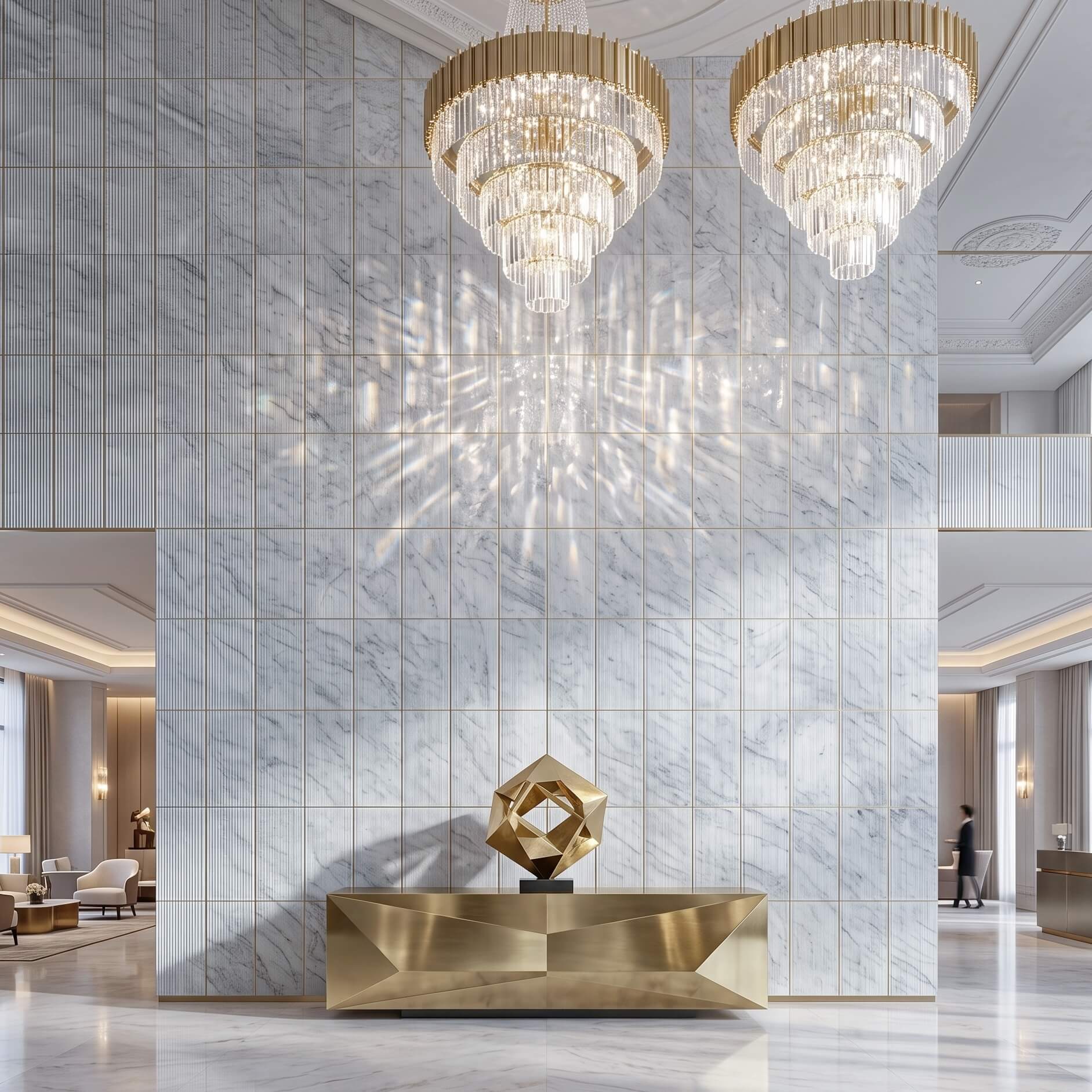 Grand luxury lobby space featuring crystal chandeliers and a multi-story 12x24 Carrara gray fluted marble feature wall.