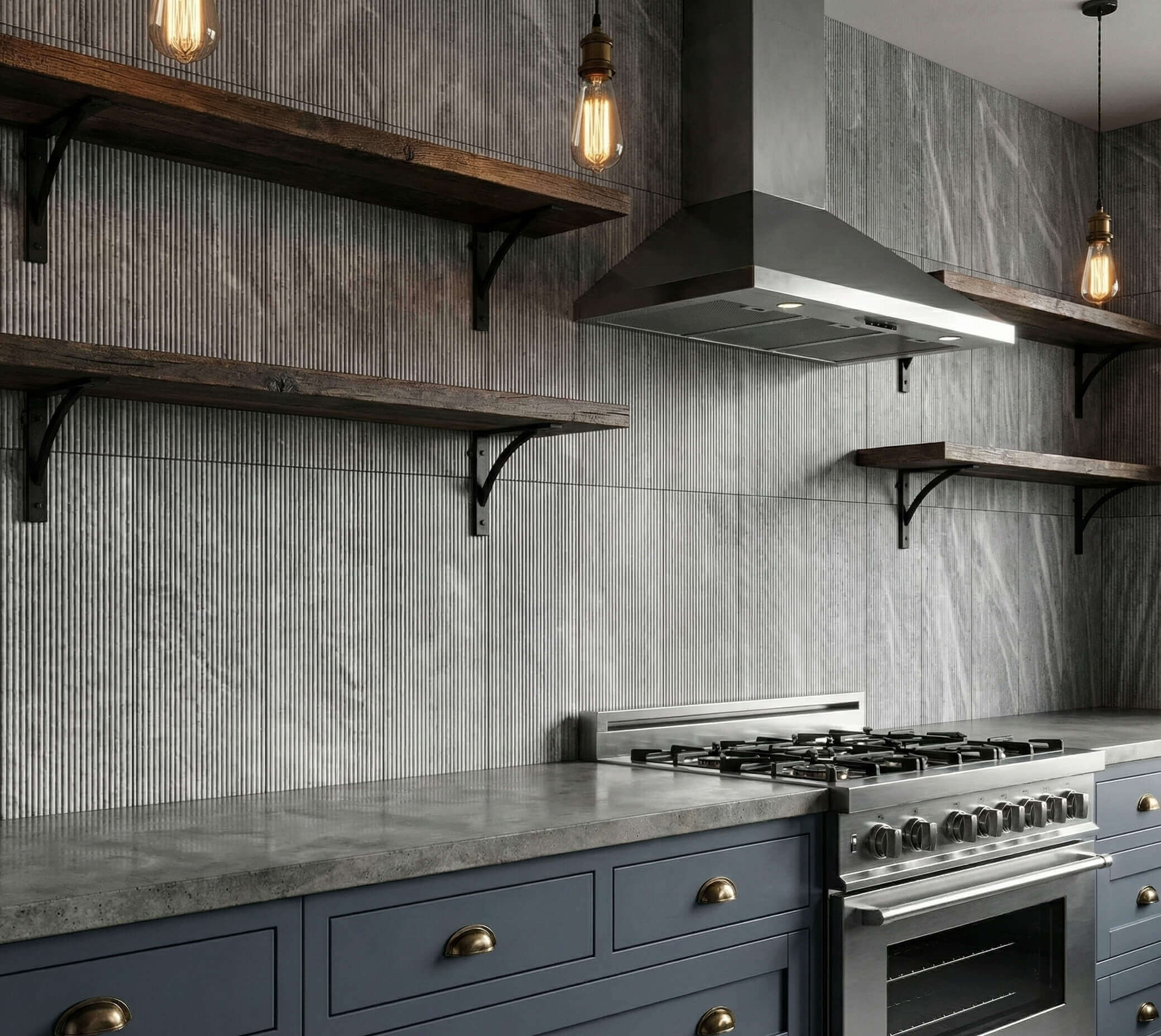 Vertical 12x24 Carrara gray fluted marble wall tiles installed as a kitchen backsplash behind open wood shelving.