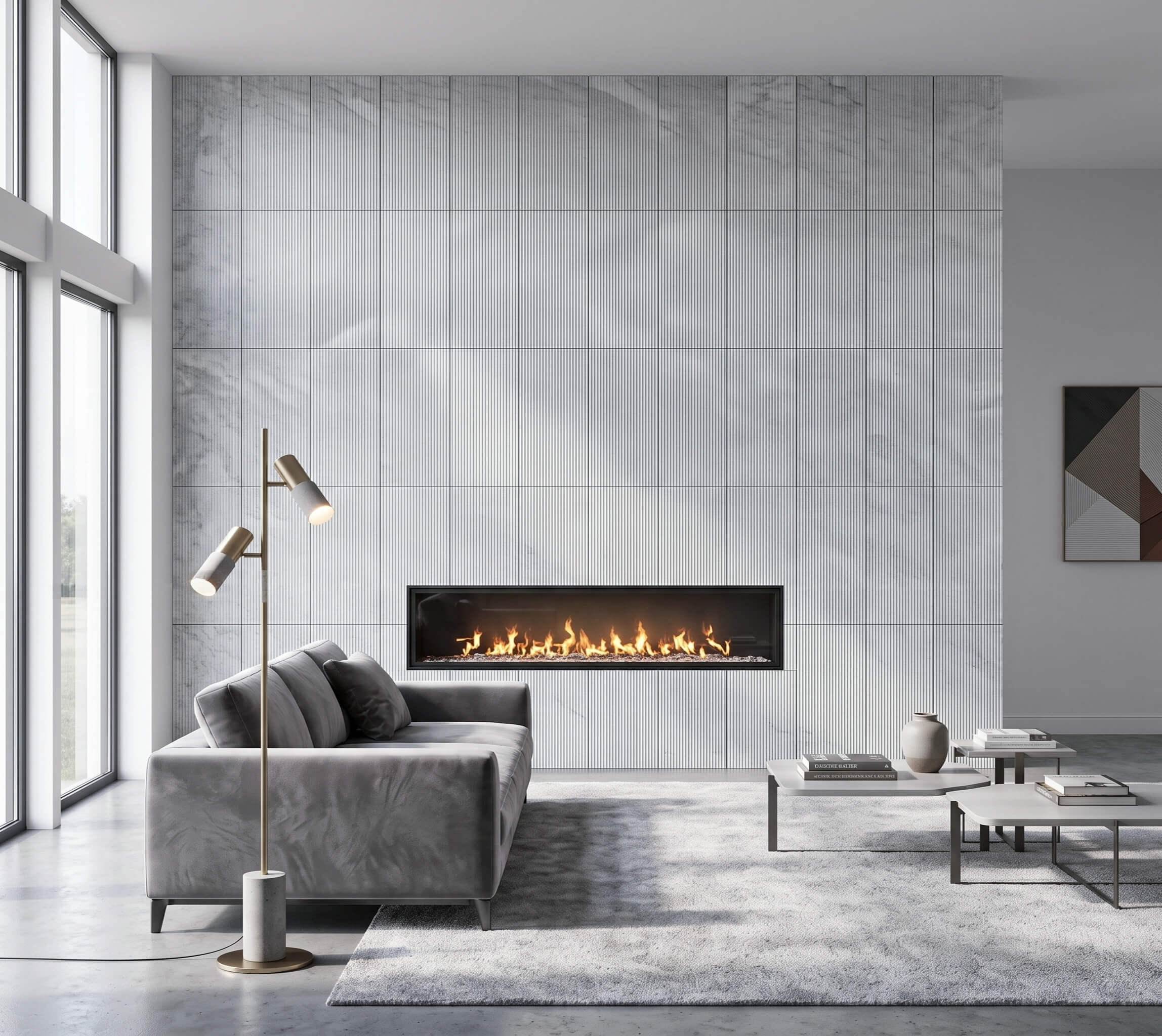 Linear gas fireplace integrated into a full wall of 12x24 fluted Carrara gray marble tiles in a living room.