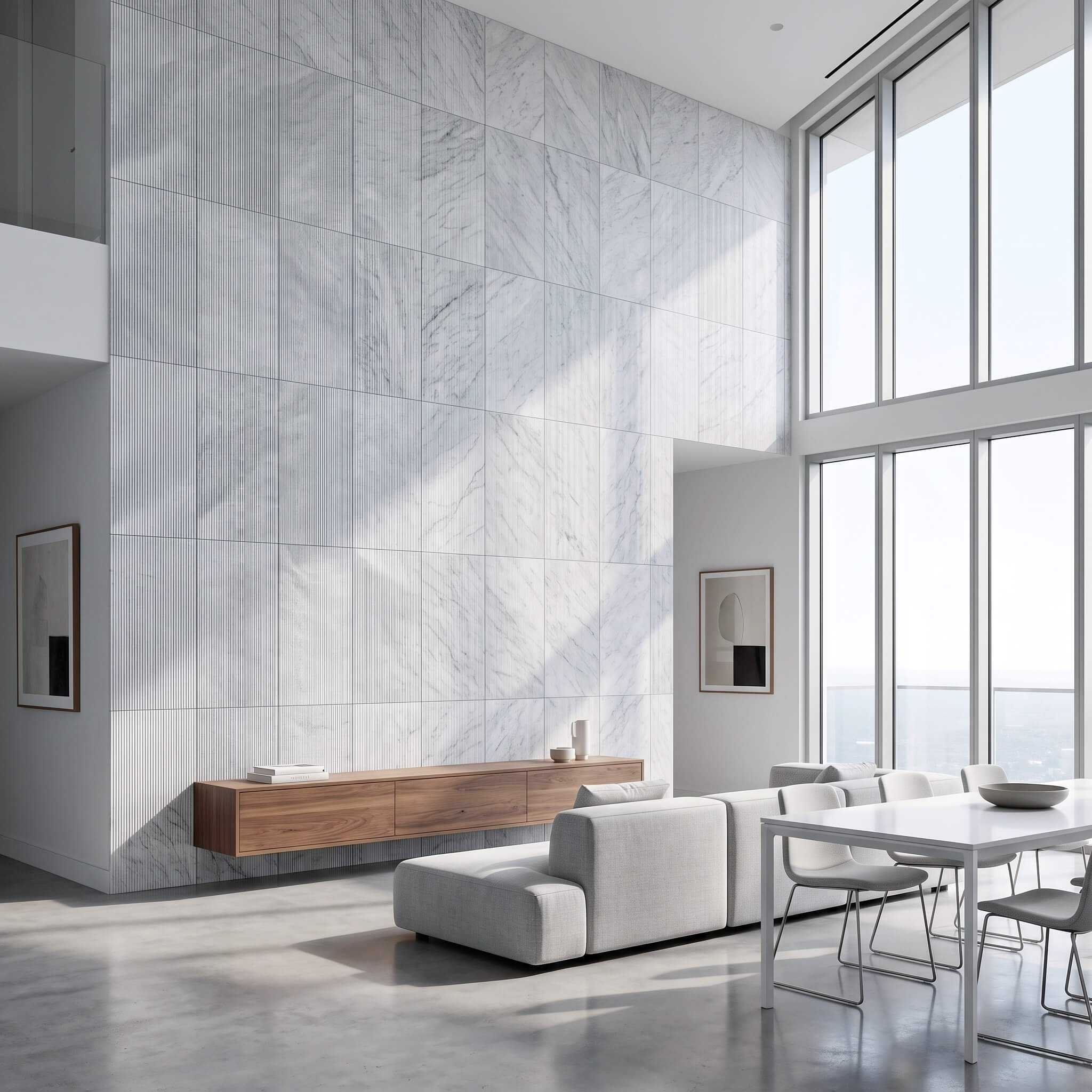 Double-height living room featuring a massive two-story 12x24 fluted Carrara gray marble tile feature wall.
