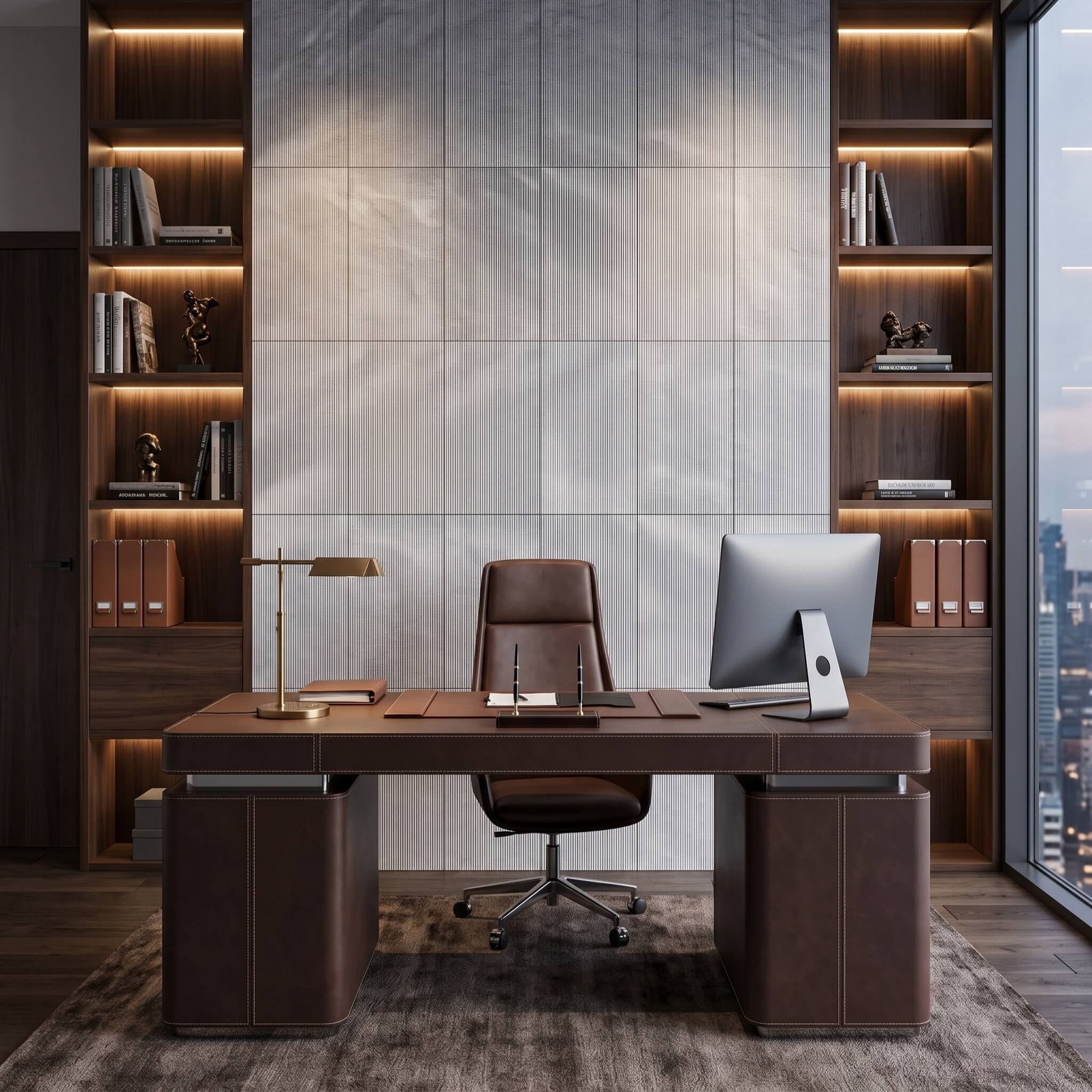 Executive home office desk and chair set against a full feature wall of 12x24 Carrara gray fluted marble wall tiles.