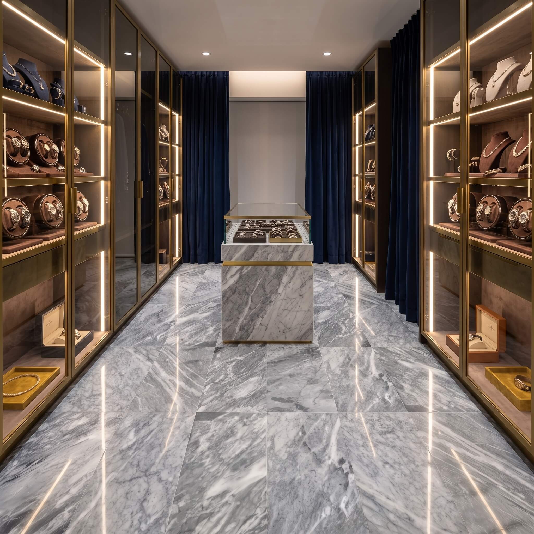 High-end commercial jewelry boutique showroom with 12x24 Carrara Gray polished marble floor and display base.