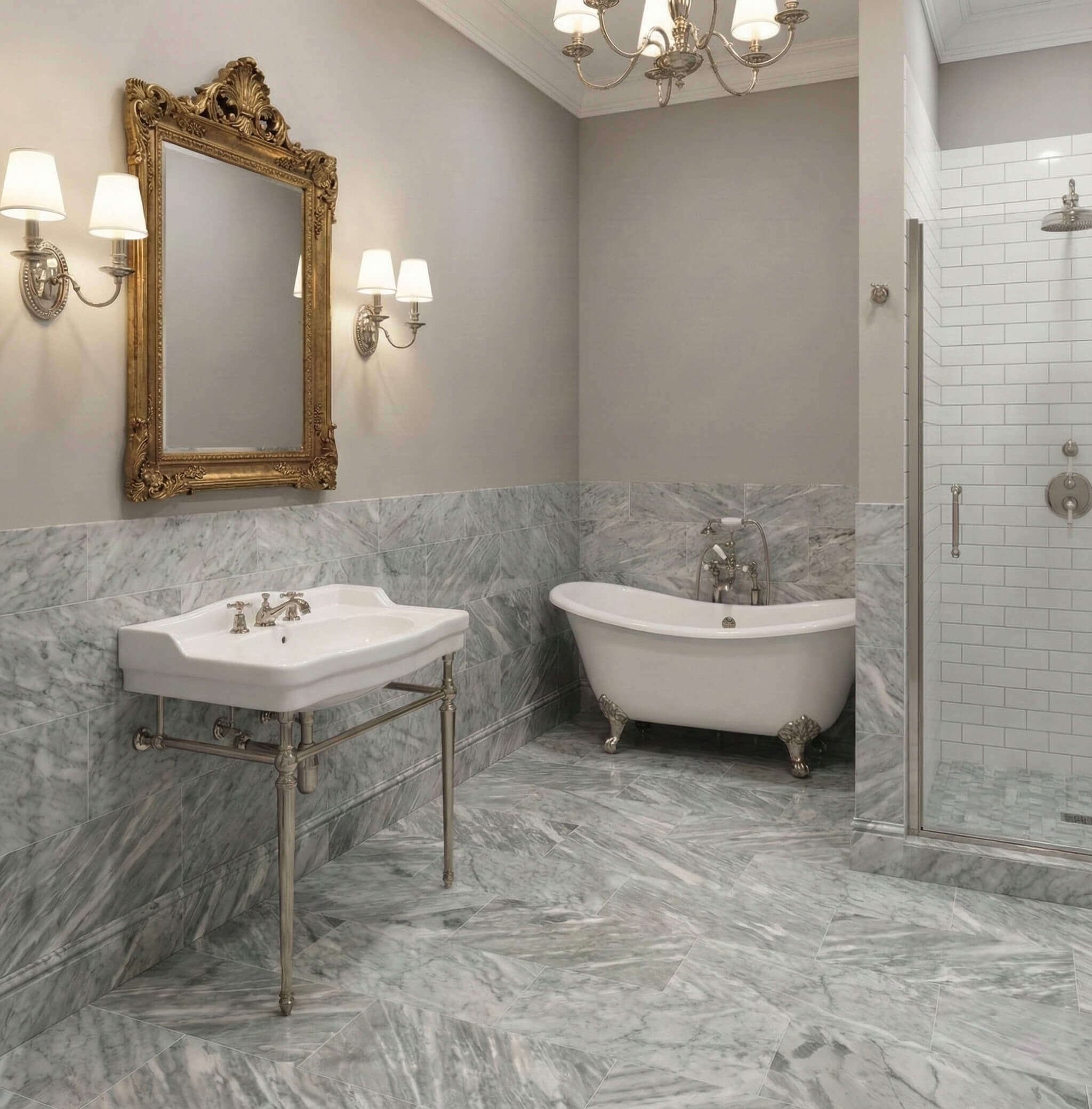 Classic bathroom with clawfoot tub, console sink, and 12x24 Carrara Gray polished marble tile wainscoting and floor.