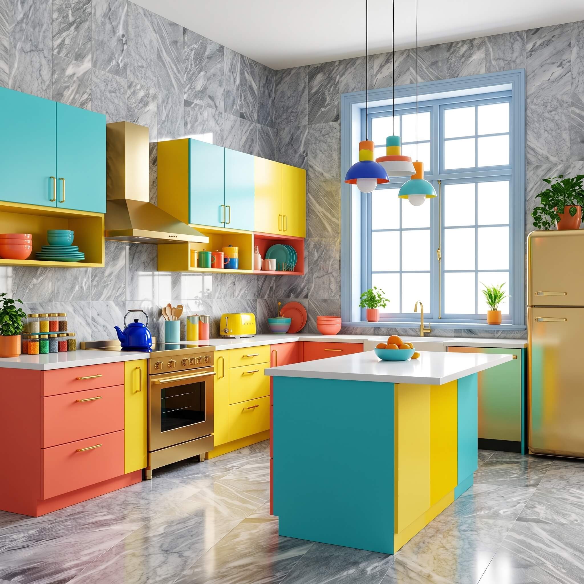 Eclectic colorful kitchen with bold cabinets and 12x24 Carrara Gray polished marble tiles on the floor and wall backsplash.