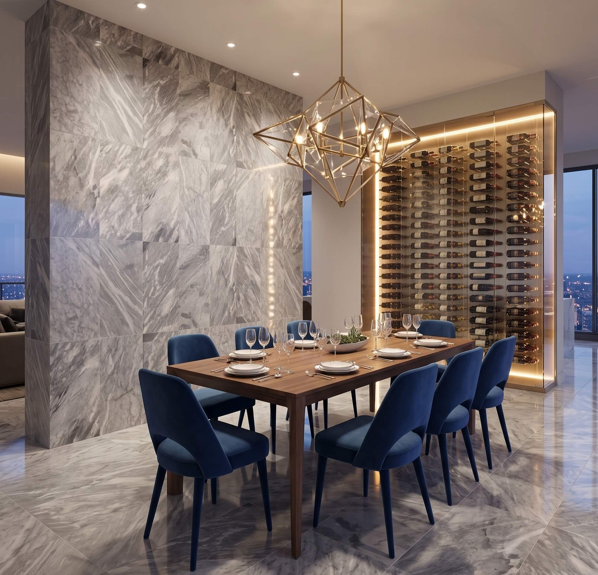 Modern luxury dining room featuring a high accent wall and floor tiled in 12x24 Carrara Gray polished marble.