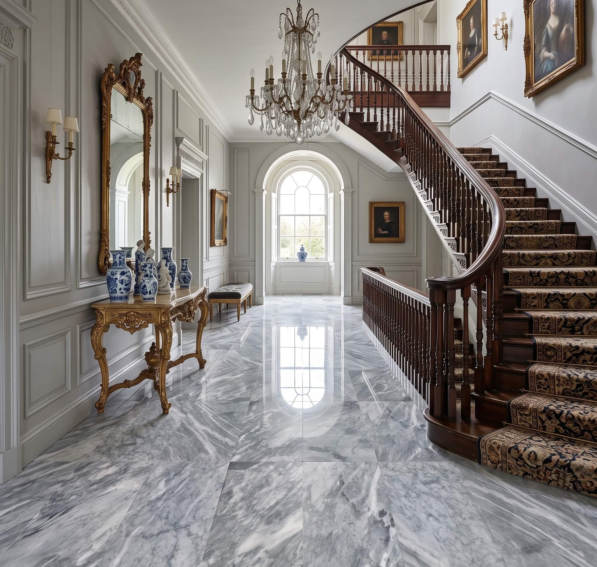 Grand traditional foyer featuring a curved staircase and 12x24 Carrara Gray polished marble tile floor installation.