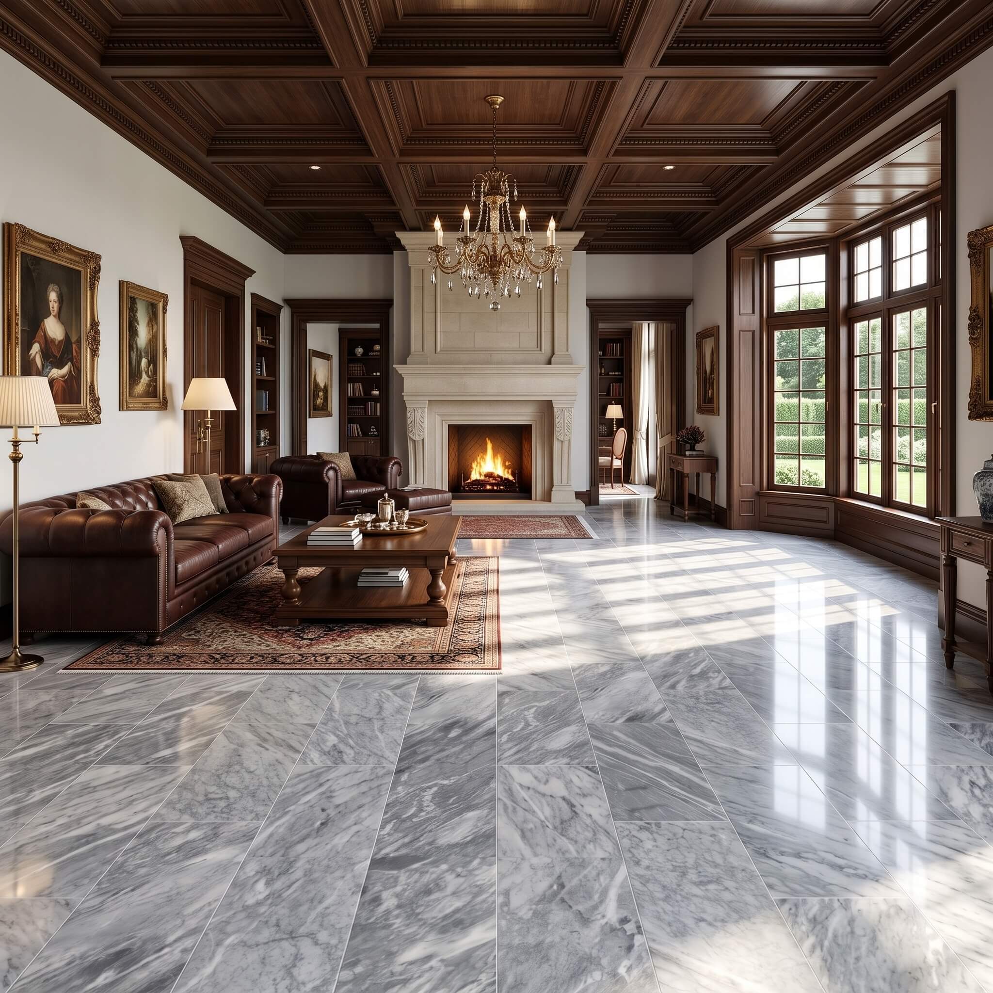 Classic living room with coffered wood ceiling, stone fireplace, and 12x24 Carrara Gray polished marble flooring.