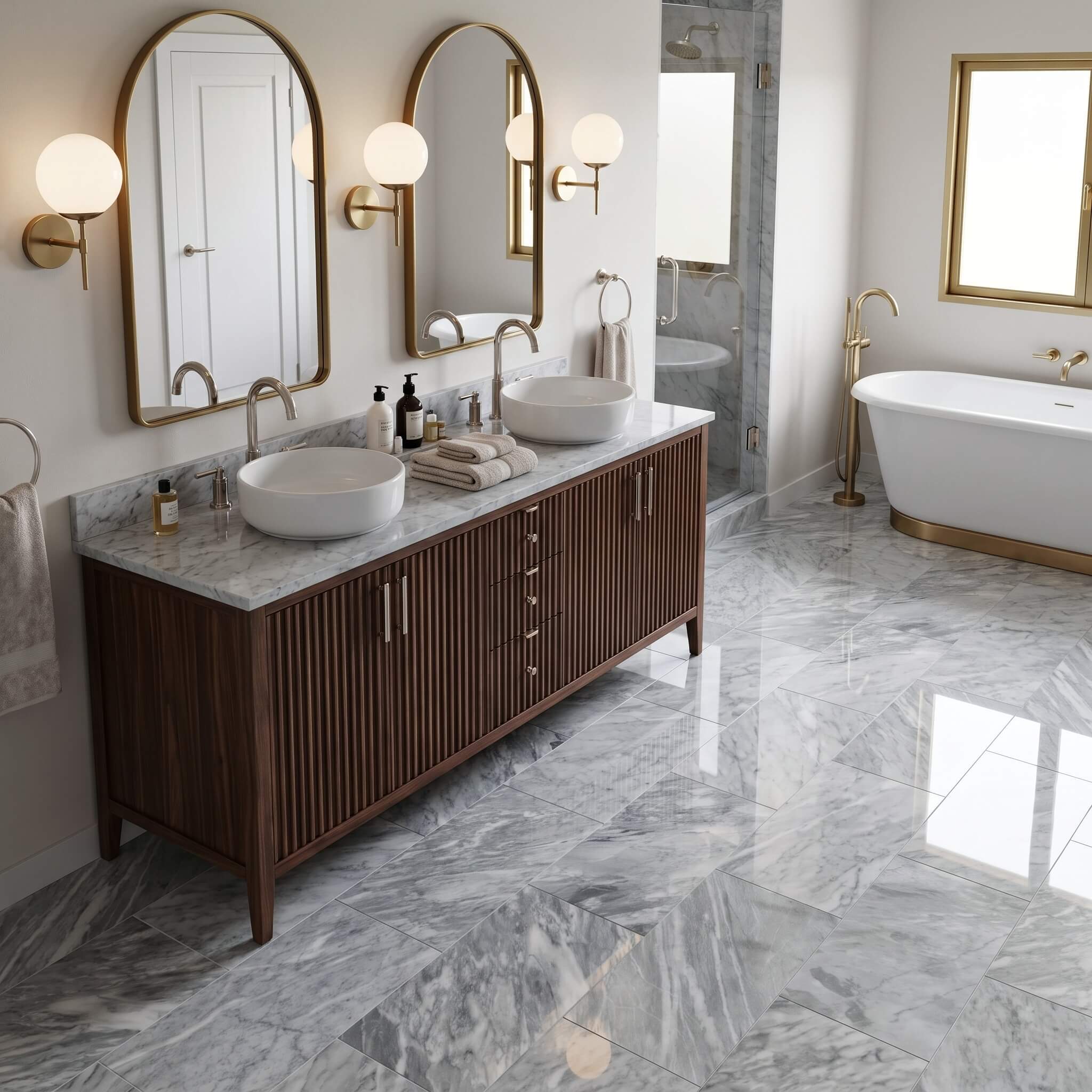 Primary bathroom vanity area with fluted wood cabinet and 12x24 Carrara Gray polished marble floor tile layout.