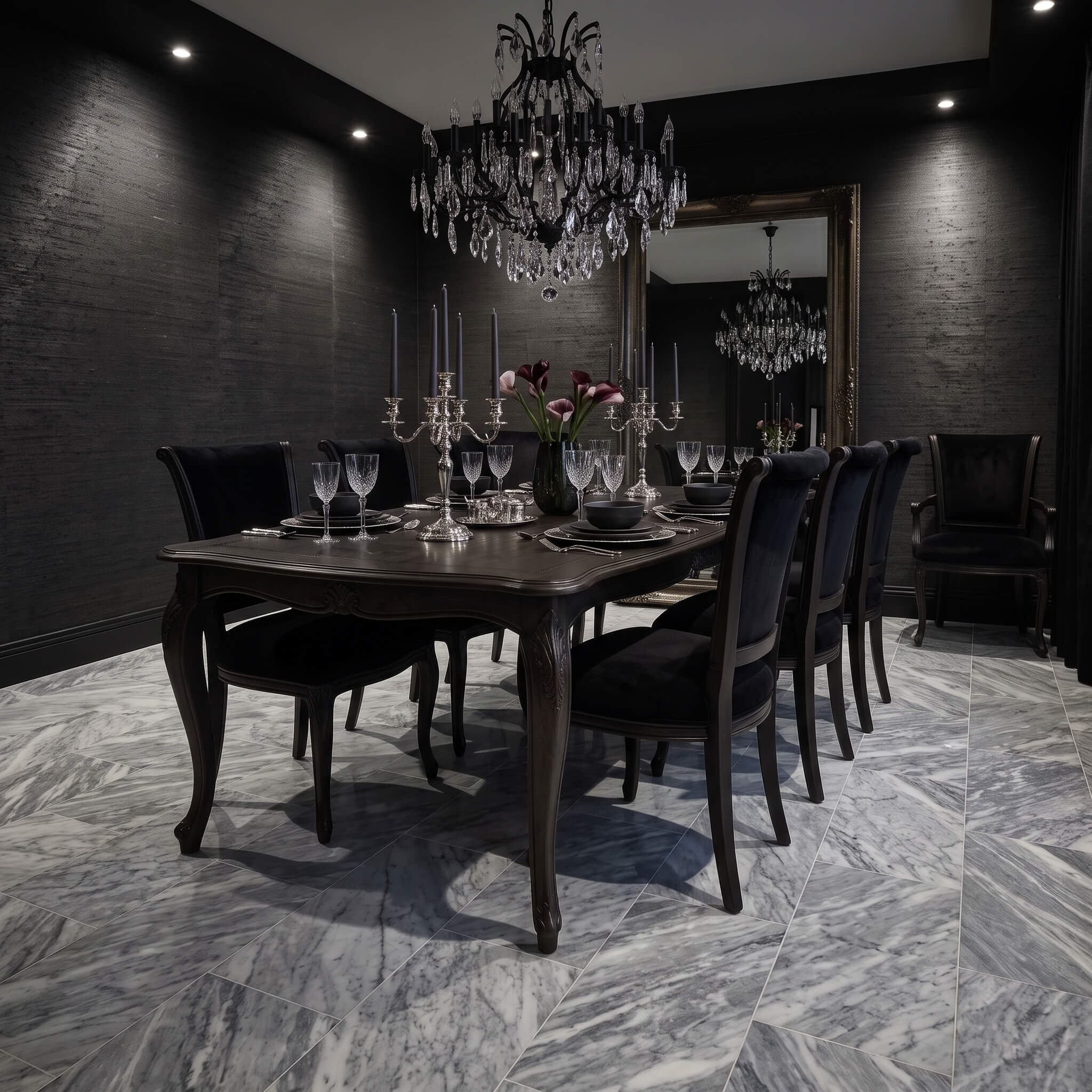 Moody dark dining room with chandelier and 12x24 Carrara Gray polished marble tiles in a diagonal floor pattern.