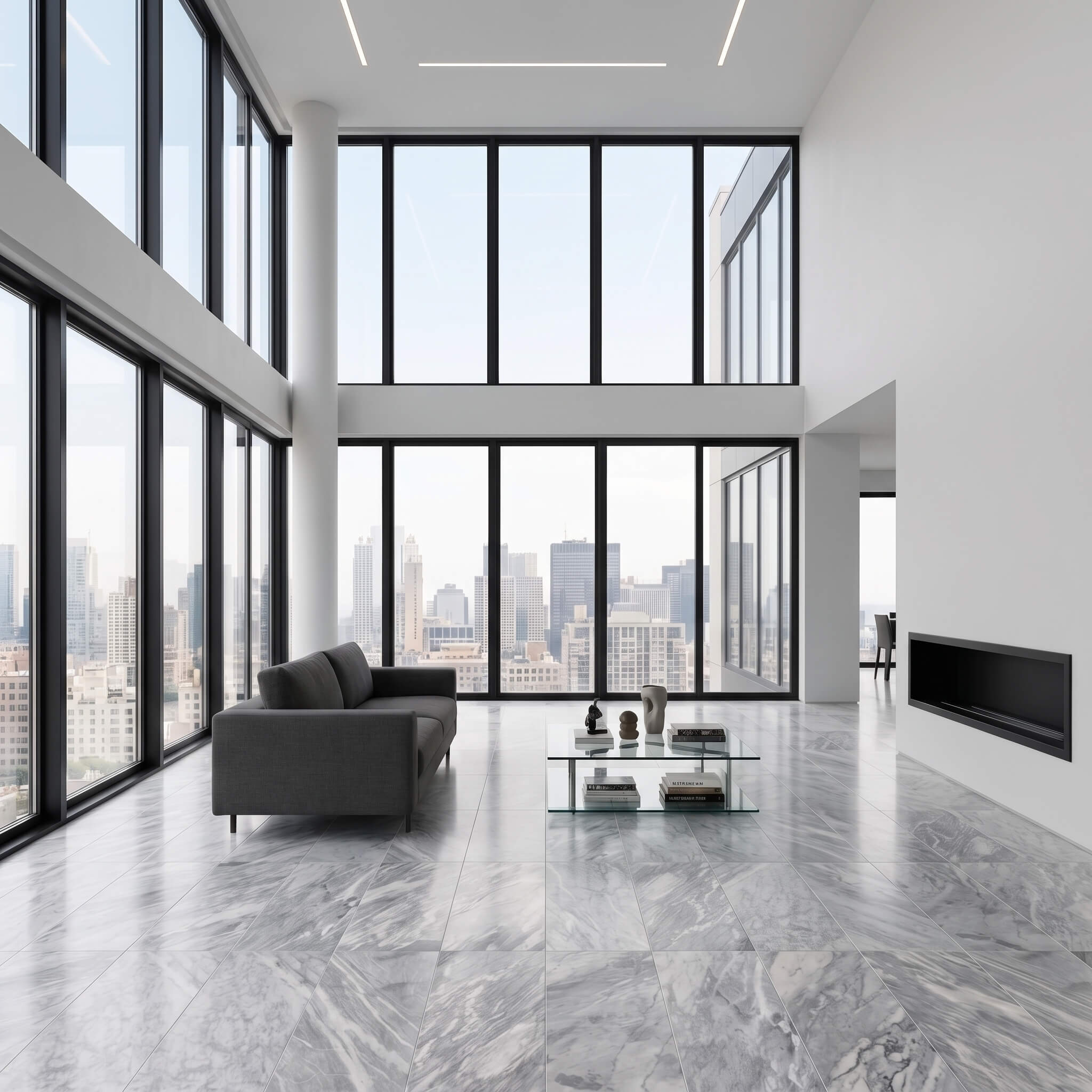 Modern penthouse living room with floor-to-ceiling city views and high-gloss 12x24 Carrara Gray polished marble tile flooring.