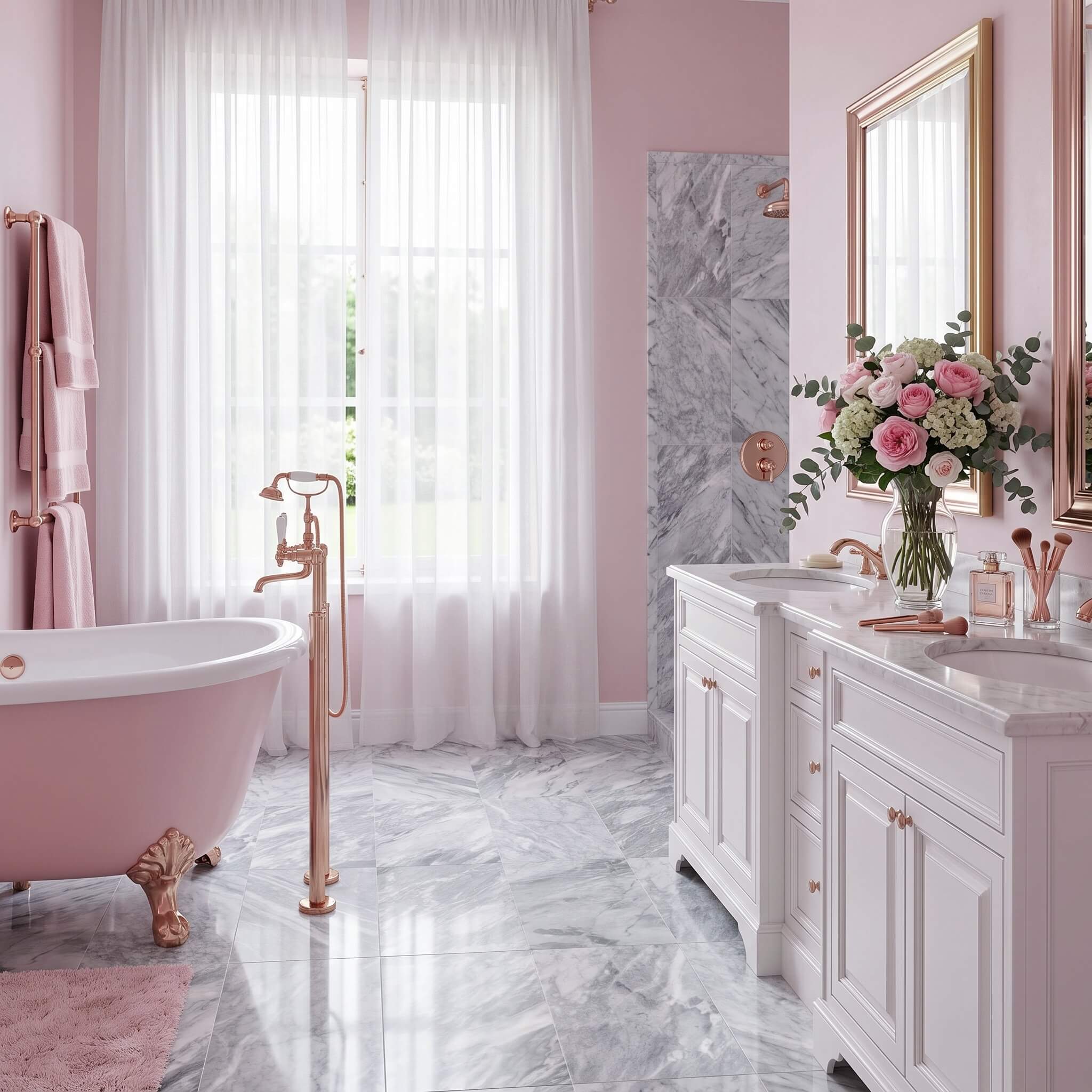 Romantic pink bathroom with white double vanity, rose gold fixtures, and 12x24 Carrara Gray polished marble tile floor.