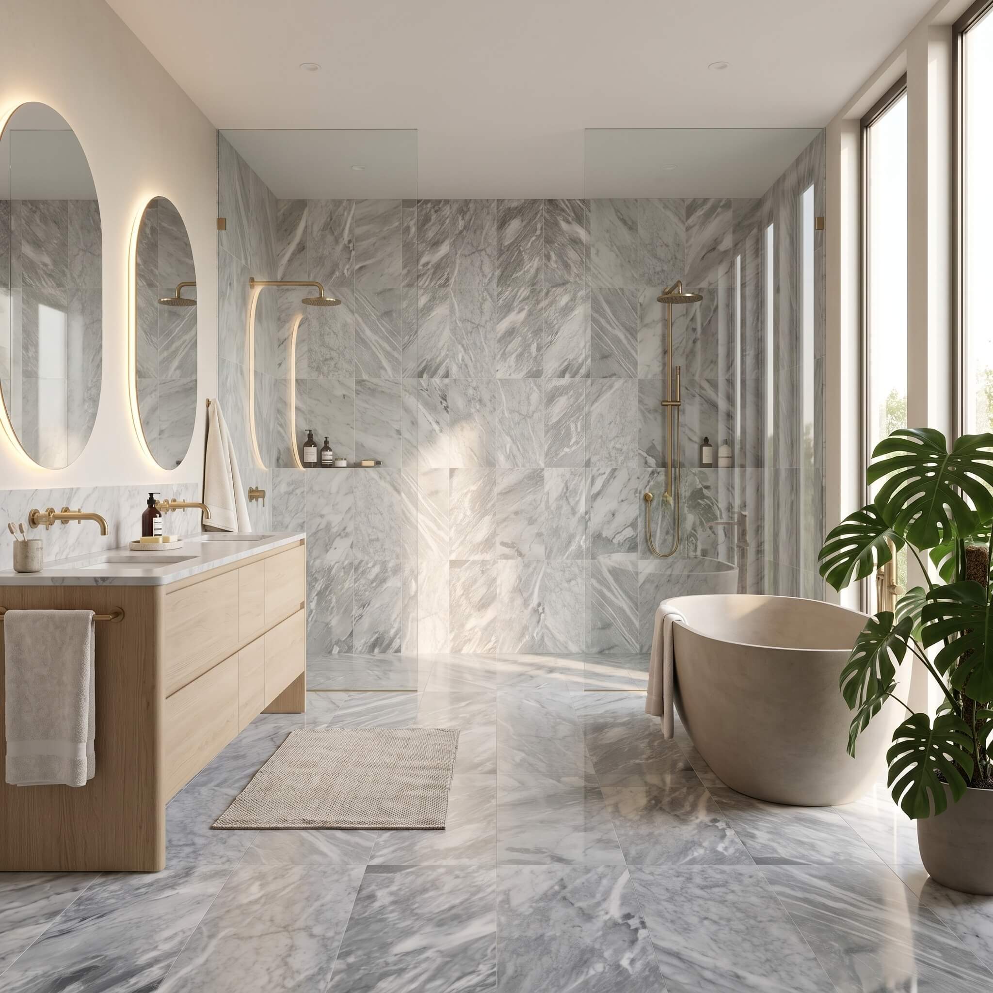 Modern spa bathroom with walk-in shower encased in 12x24 Carrara Gray polished marble wall and floor tiles.