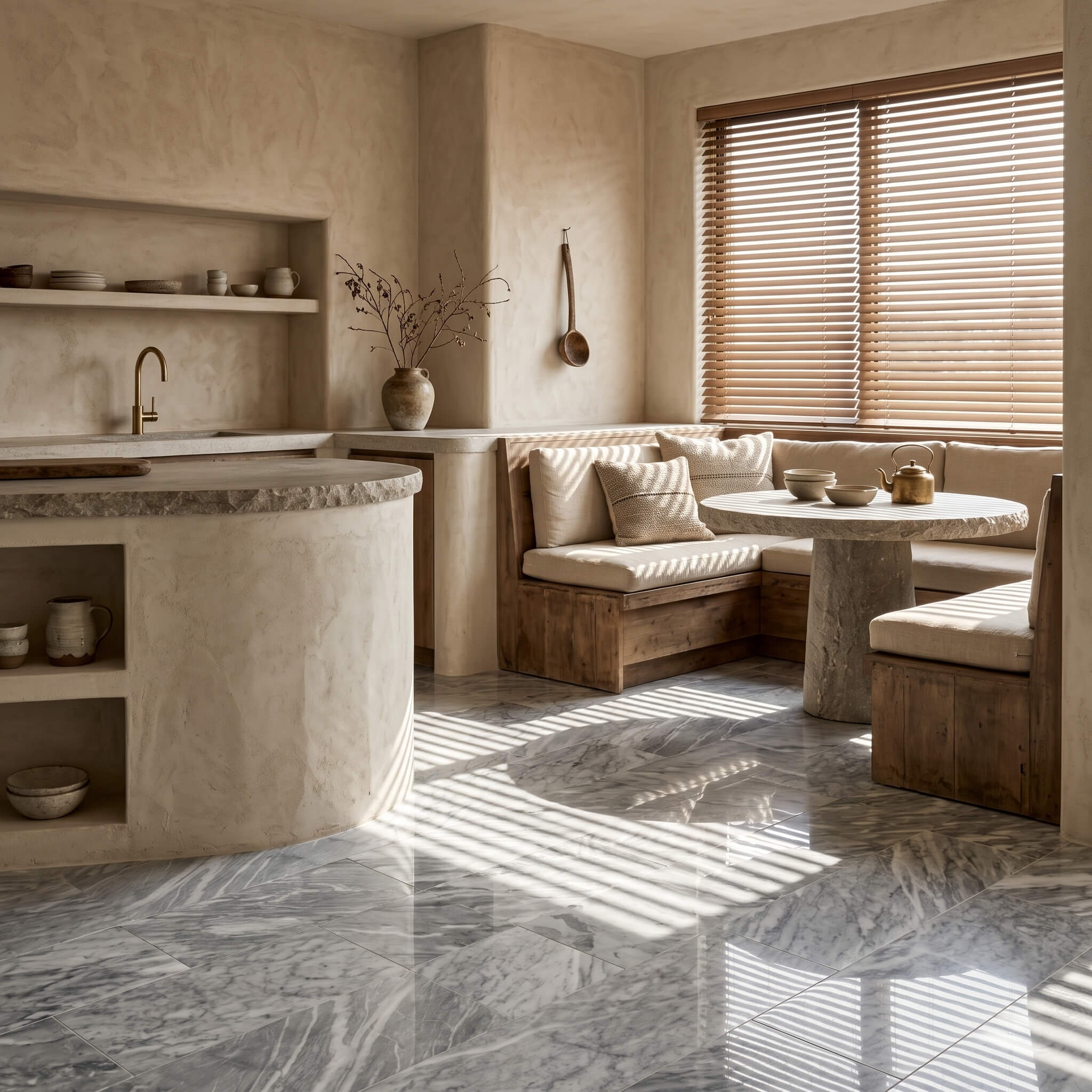 Organic Wabi-Sabi kitchen with plaster walls, natural wood bench, and 12x24 Carrara Gray polished marble floor tiles.