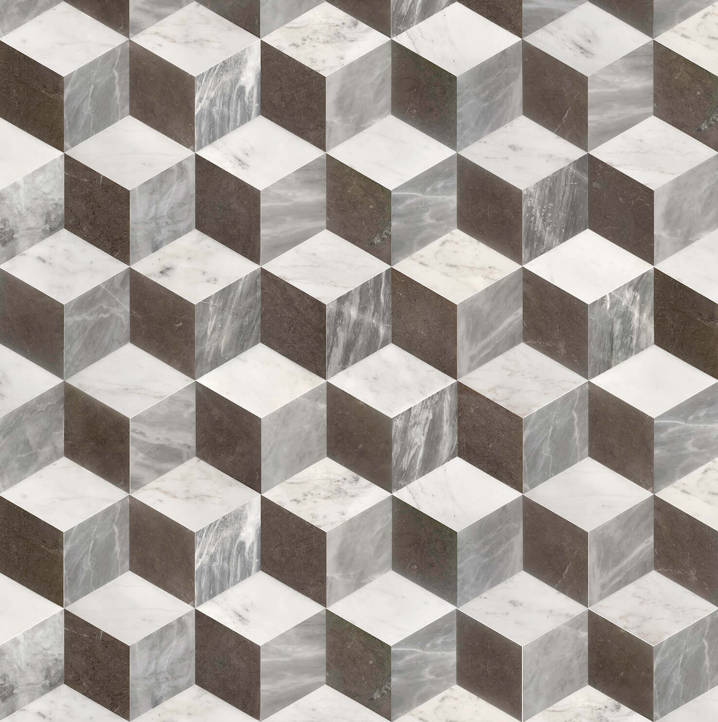 Seamless tumbling block pattern showcasing 3D geometric optical illusion formed by white, gray, and black marble tiles.