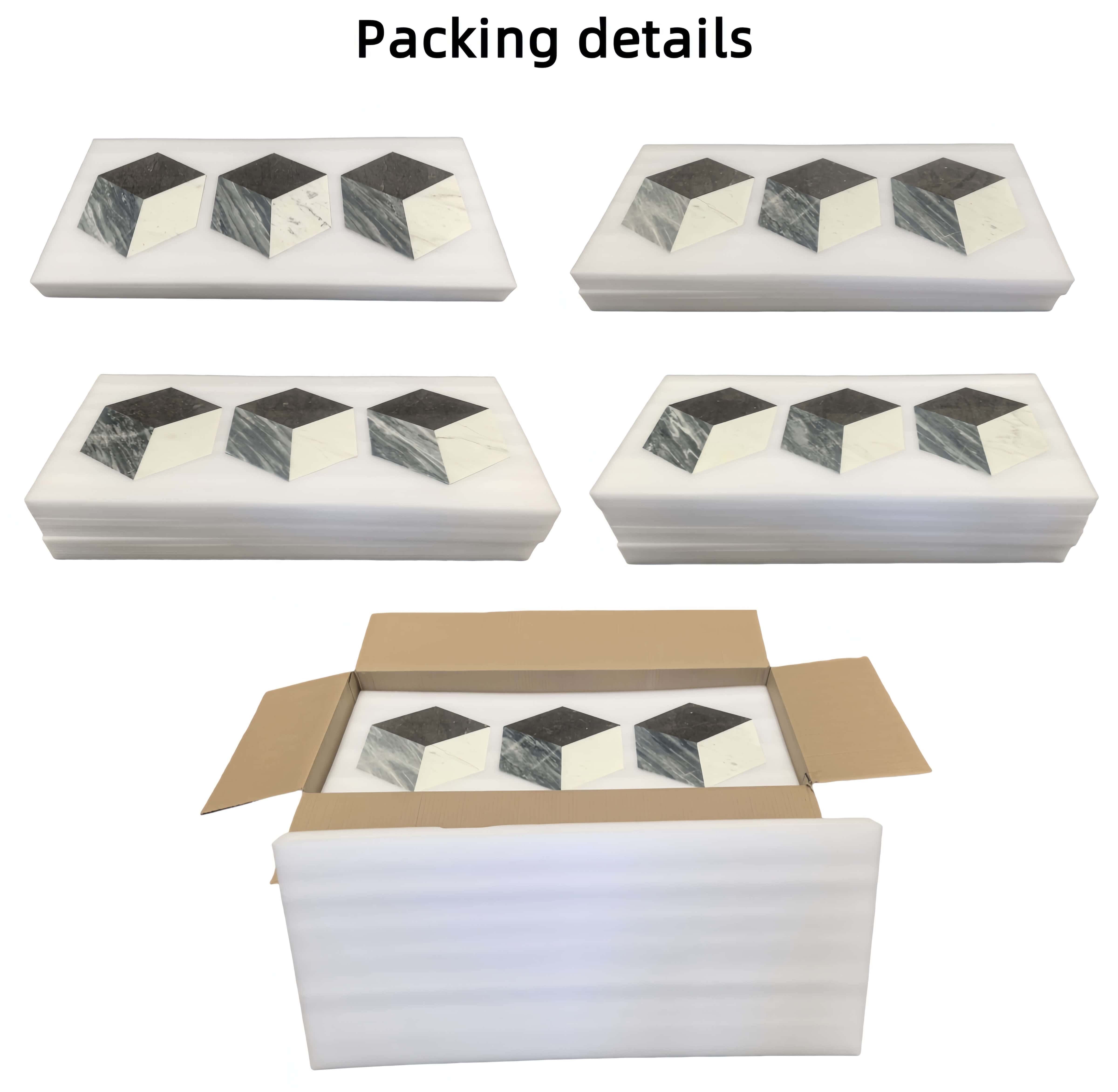 Detailed view of protective custom foam trays and shockproof box packaging designed for safe natural stone delivery.