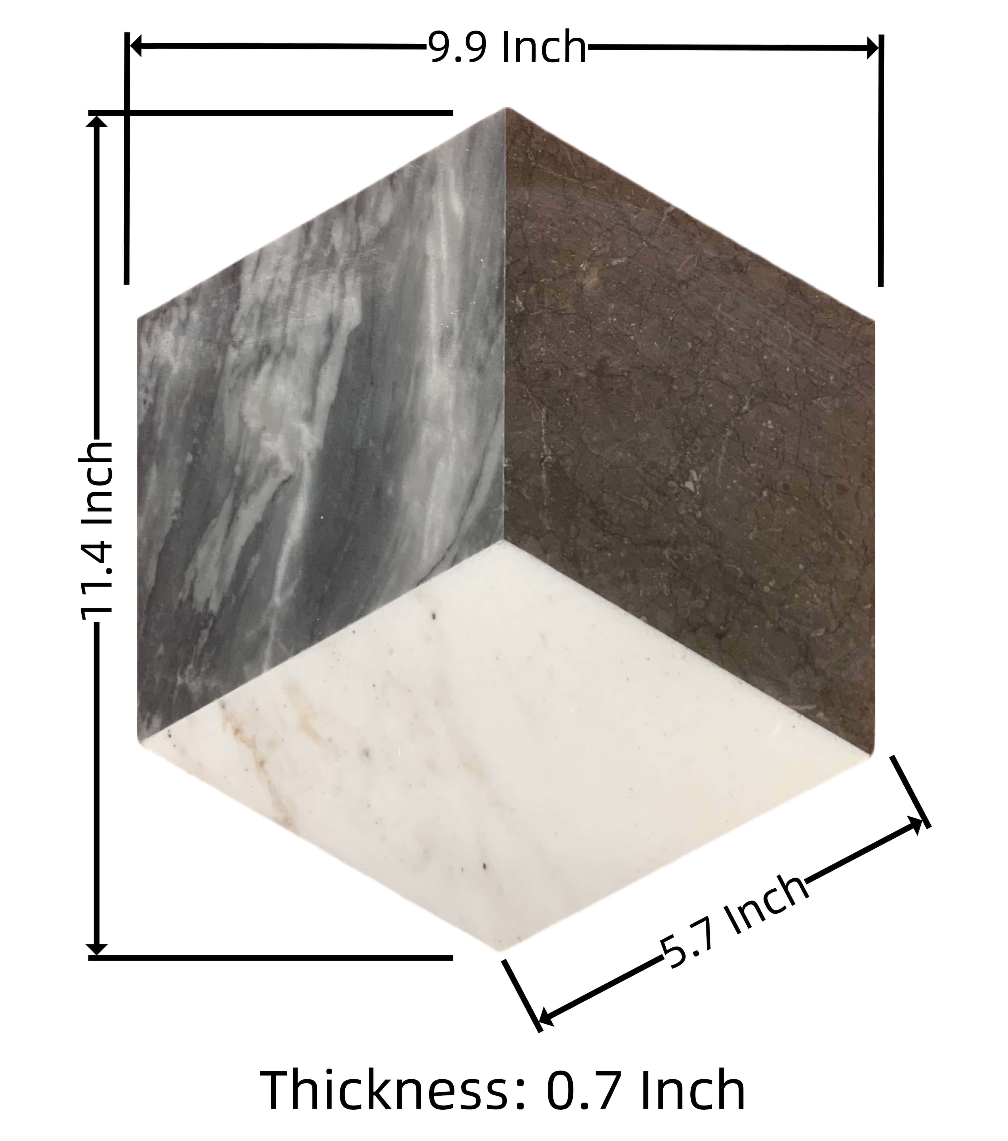 Dimension chart for 3D hexagon marble tile showing 11.4 inch height, 9.9 inch width, and heavy duty 0.7 inch thickness.