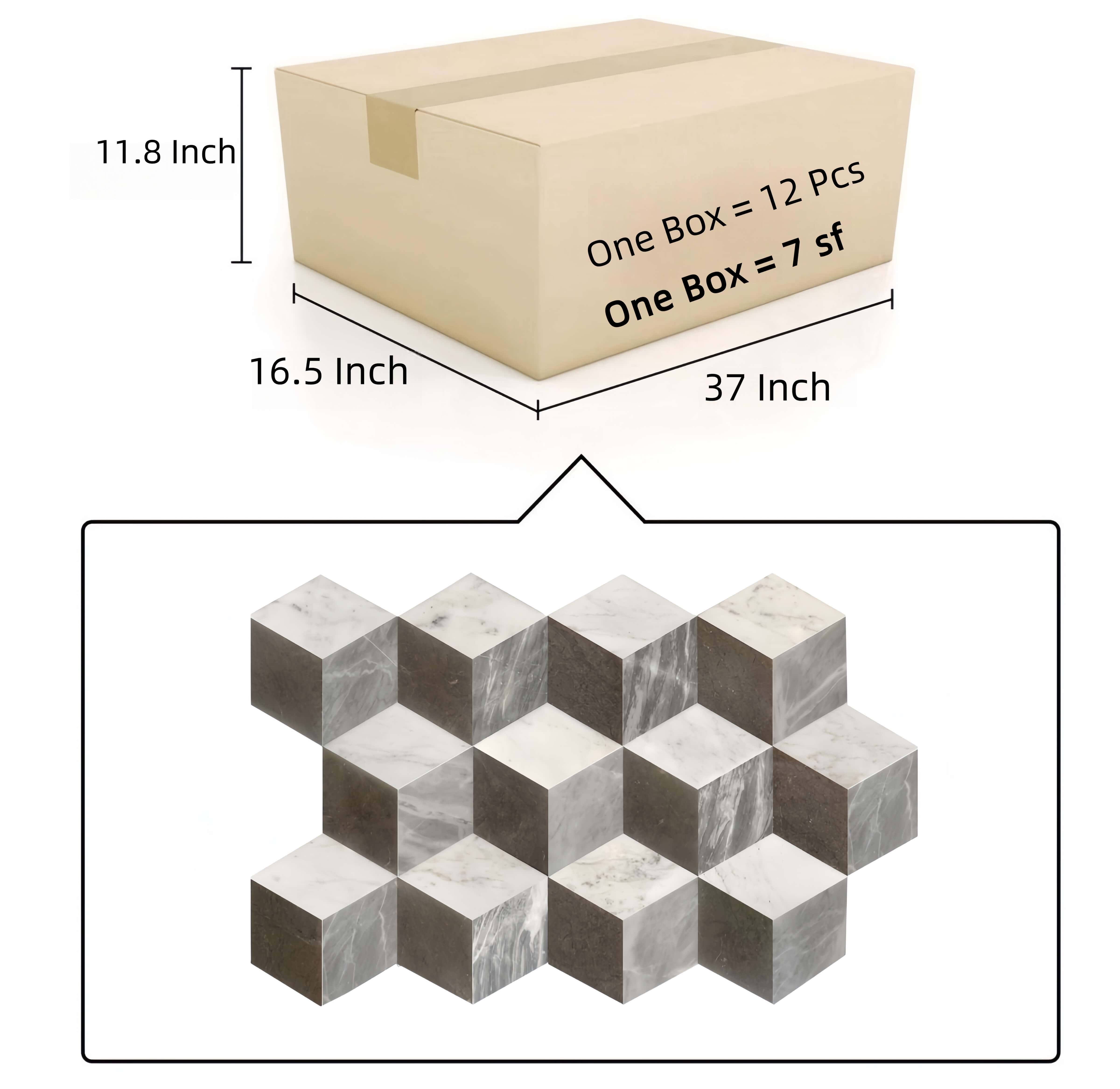 USA warehouse carton packaging specification chart detailing 12 pieces per box covering 7 square feet of marble tile.