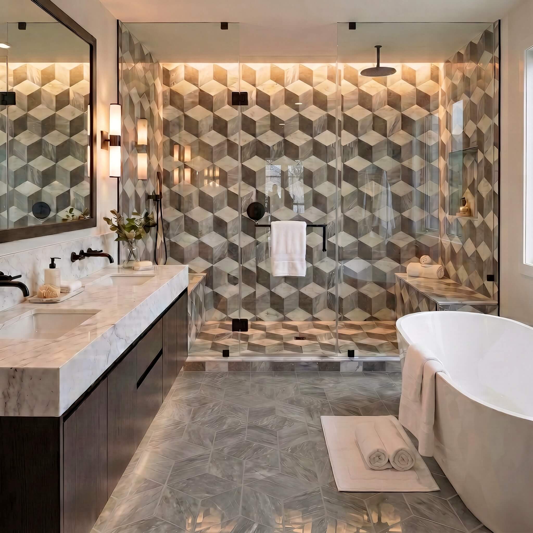 Master bath feature wall in 3D cube white gray black marble tile styled with Carrara Gray polished hexagon floor tile.
