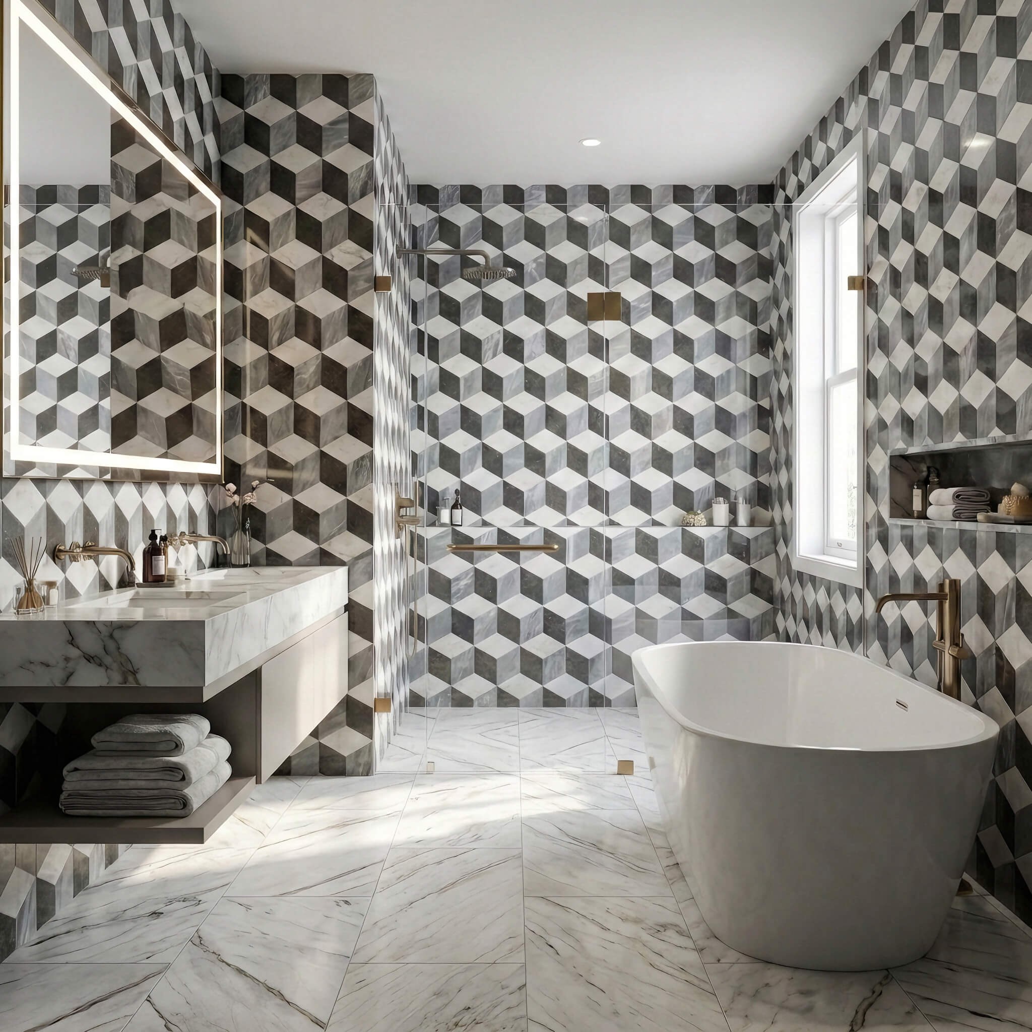 Modern bathroom wall clad in 3D cube white gray black marble tile paired with 12x24 Snow Mountain White floor tile.