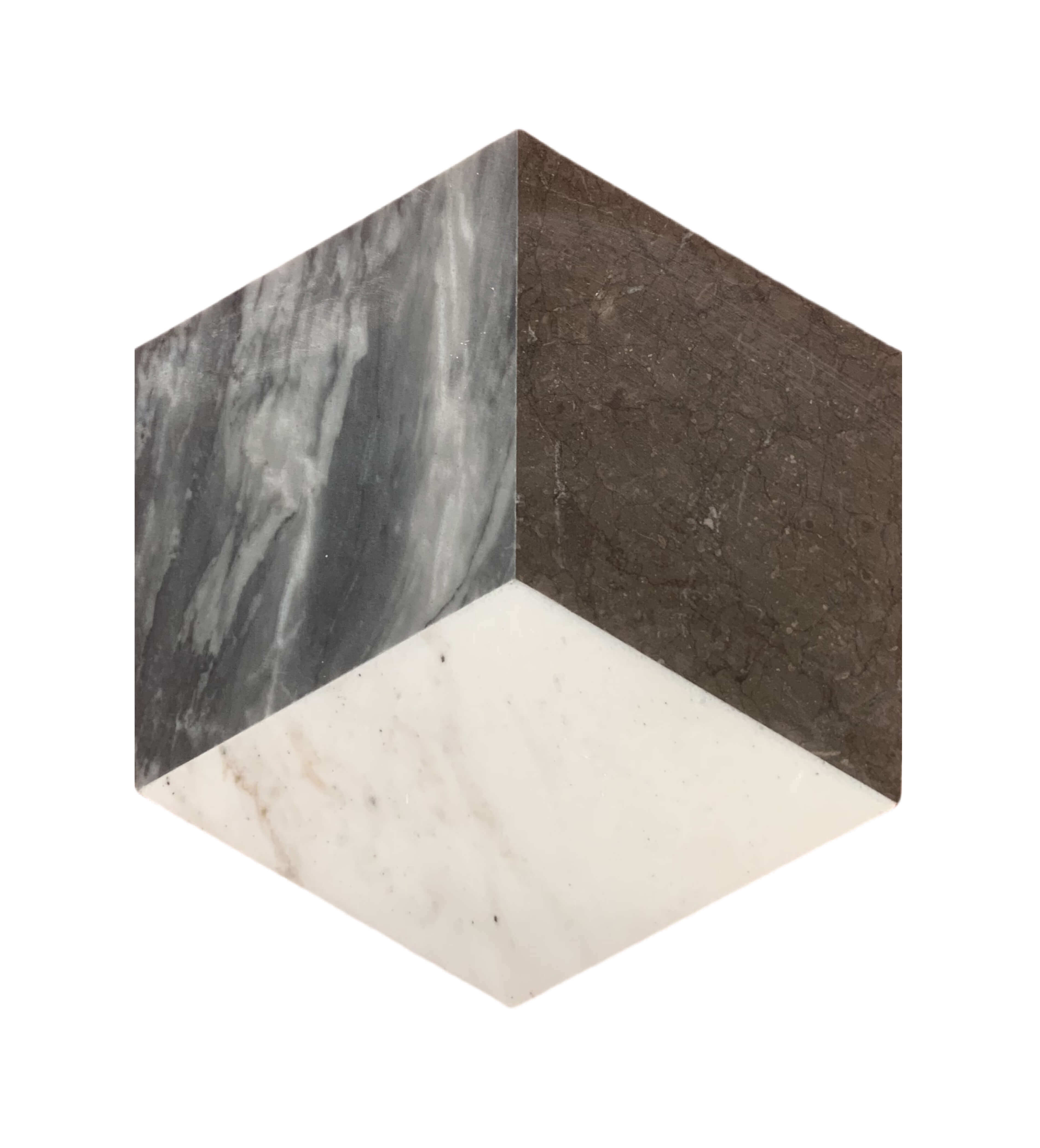 Single 3D cube illusion hexagon tile crafted from natural white, gray, and black marble on a clean studio background.